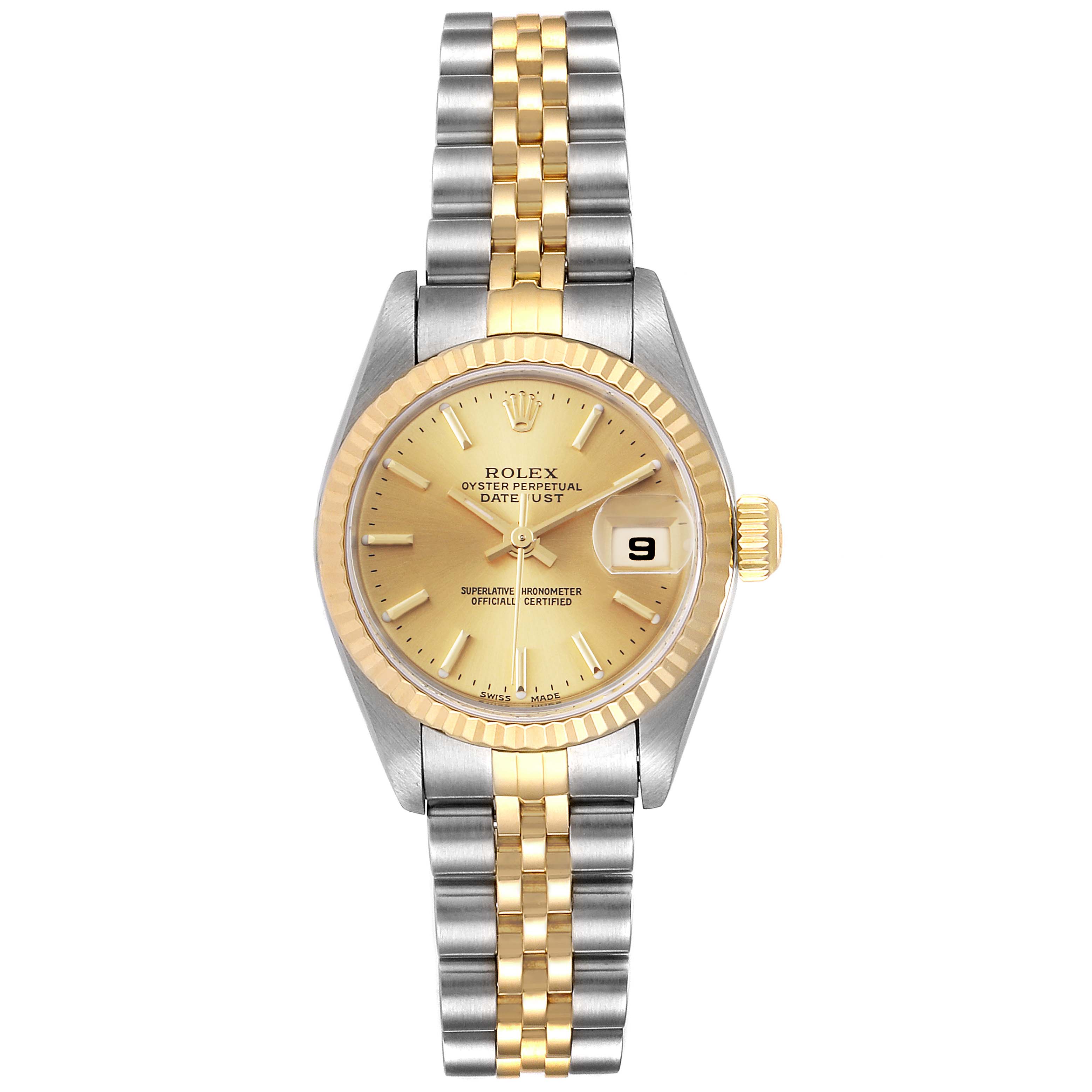 The image shows a front view of the Rolex Datejust 79173 Women's Steel and Gold (two tone) Champagne Dial 79173 Women's Steel and Gold (two tone) Champagne Dial watch, highlighting its dial, bezel, and two-tone bracelet.