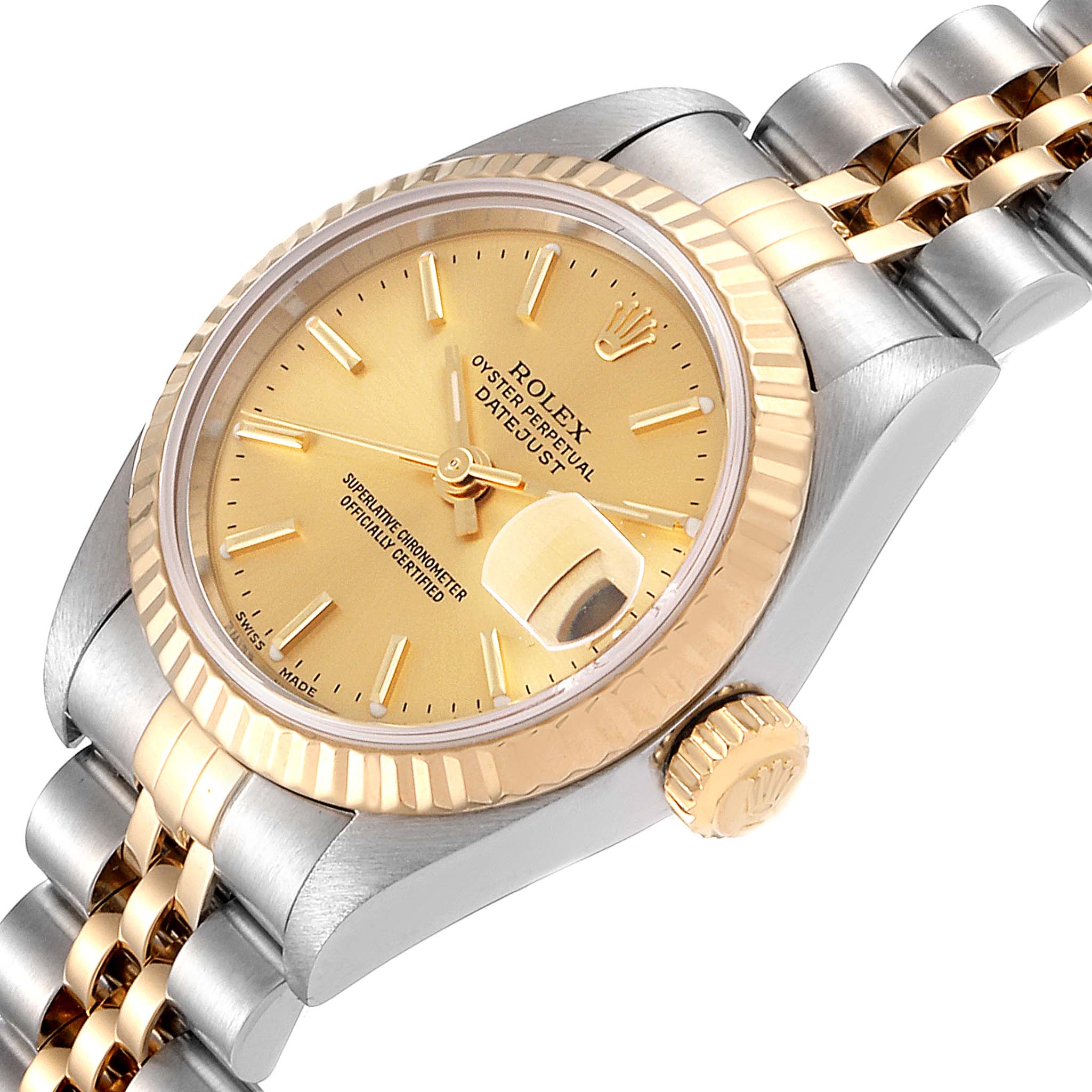 The image shows a close-up angled view of a Rolex Datejust 79173 Women's Steel and Gold (two tone) Champagne Dial 79173 Women's Steel and Gold (two tone) Champagne Dial watch, highlighting its face, fluted bezel, and part of the bracelet.
