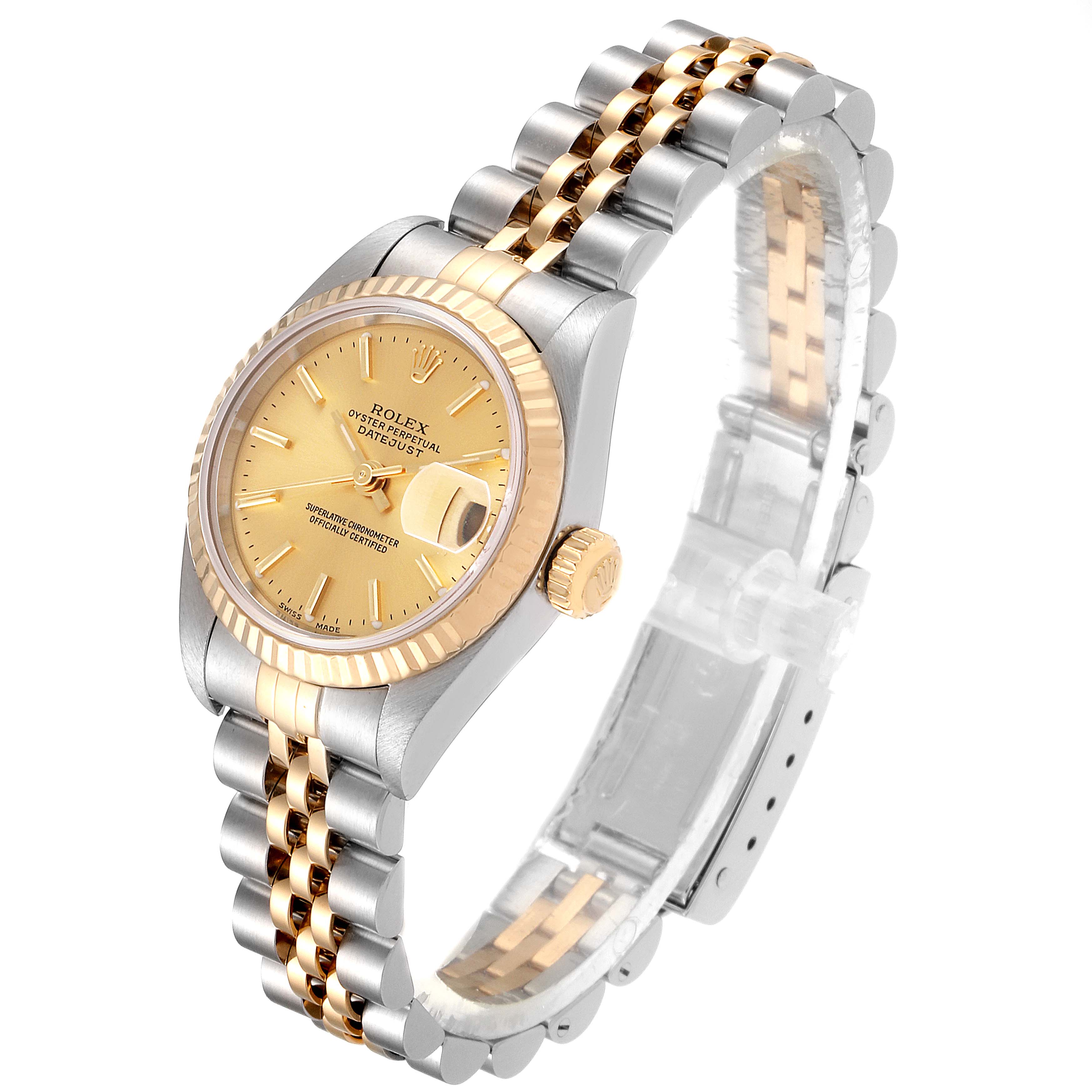 This image shows a Rolex Datejust 79173 Women's Steel and Gold (two tone) Champagne Dial 79173 Women's Steel and Gold (two tone) Champagne Dial watch at an angle displaying its dial, fluted bezel, crown, and two-tone jubilee bracelet.