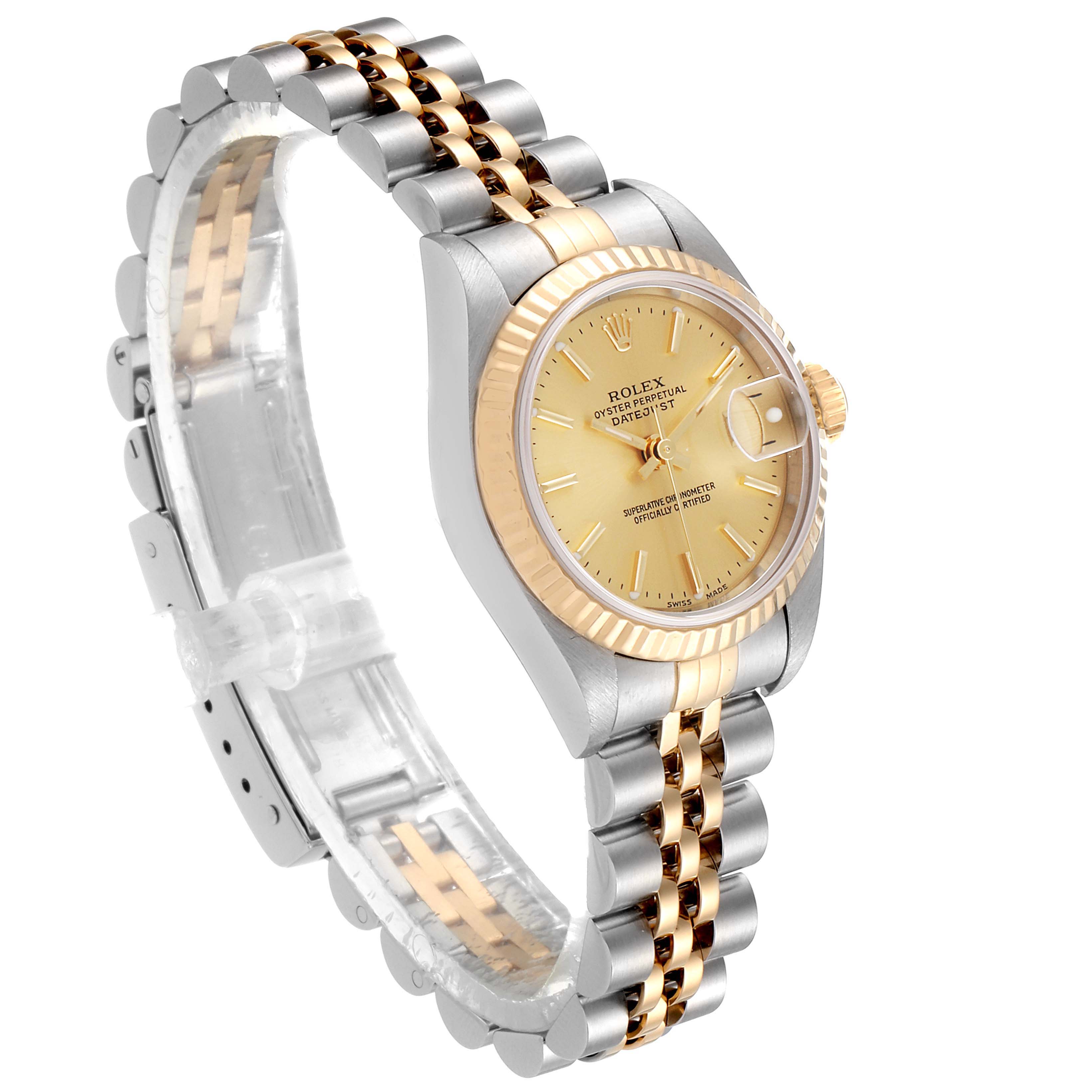 This image shows a side-angle view of the Rolex Datejust 79173 Women's Steel and Gold (two tone) Champagne Dial 79173 Women's Steel and Gold (two tone) Champagne Dial watch, highlighting its two-tone bracelet, case, and fluted bezel.