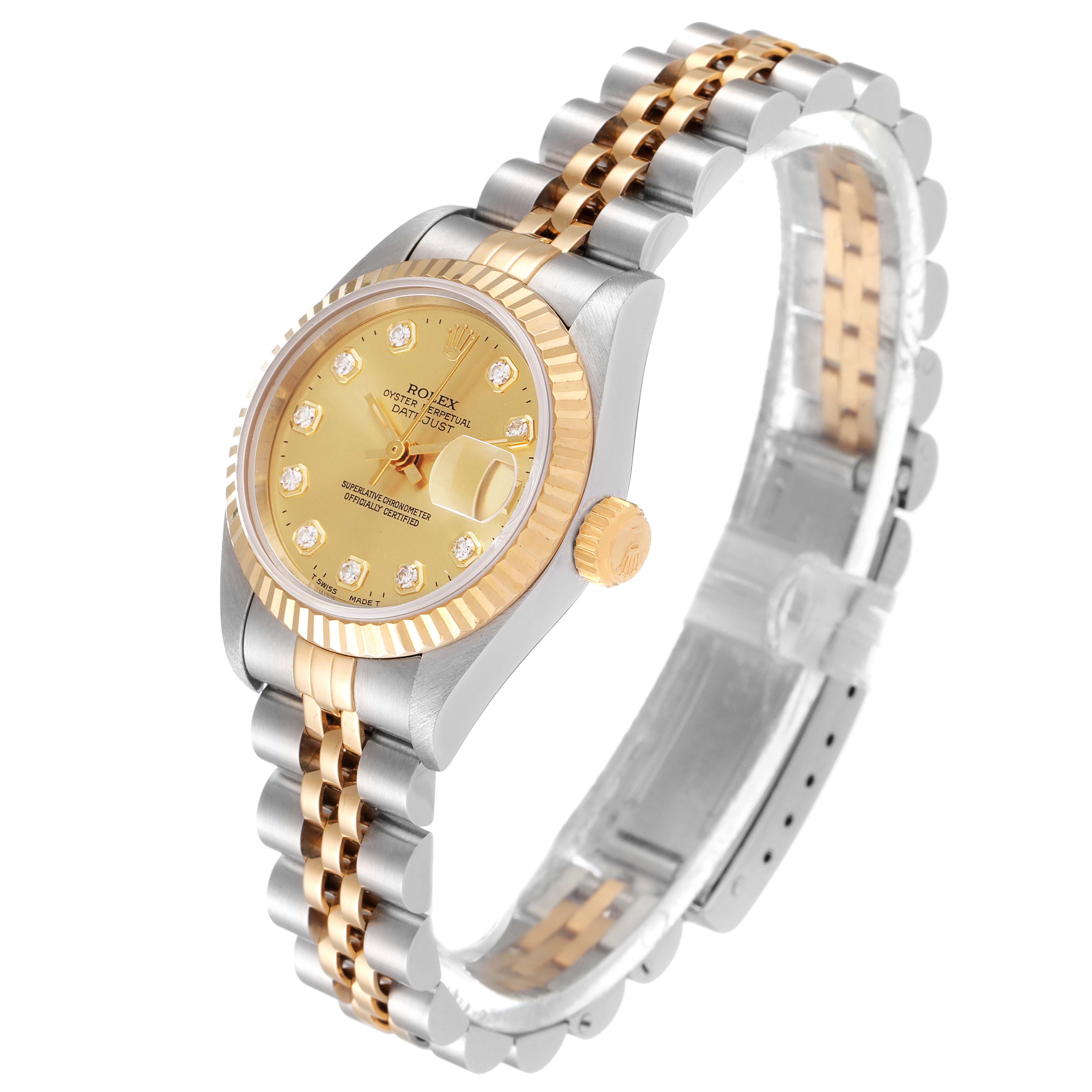 This image shows a side angle of the Rolex Datejust 69173 Women's Steel and Gold (two tone) Champagne Dial 69173 Women's Steel and Gold (two tone) Champagne Dial watch displaying its gold face, diamond hour markers, and two-tone band.