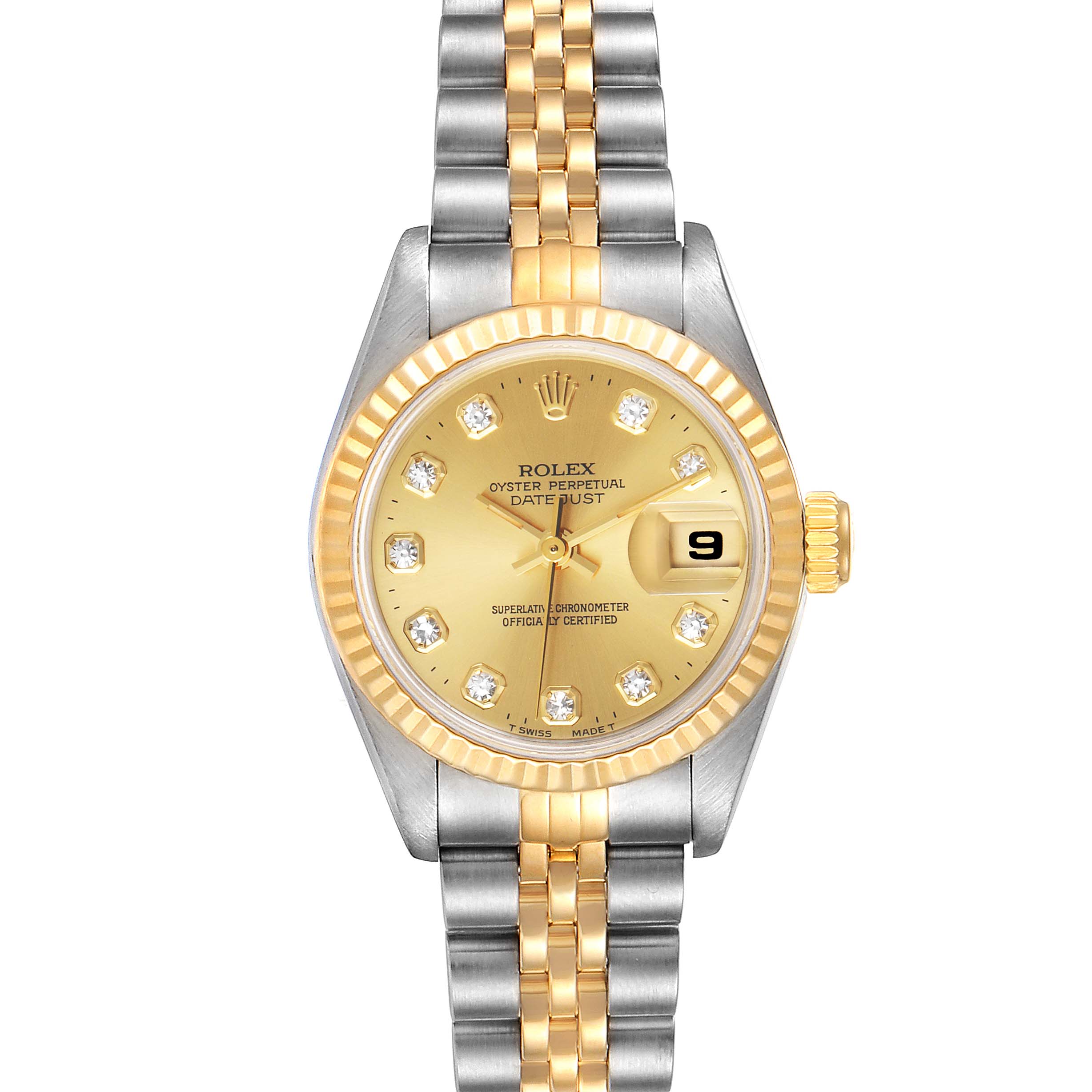 The image shows a face-on view of a Rolex Datejust 69173 Women's Steel and Gold (two tone) Champagne Dial 69173 Women's Steel and Gold (two tone) Champagne Dial watch, featuring a two-tone bracelet, gold dial, and fluted bezel.