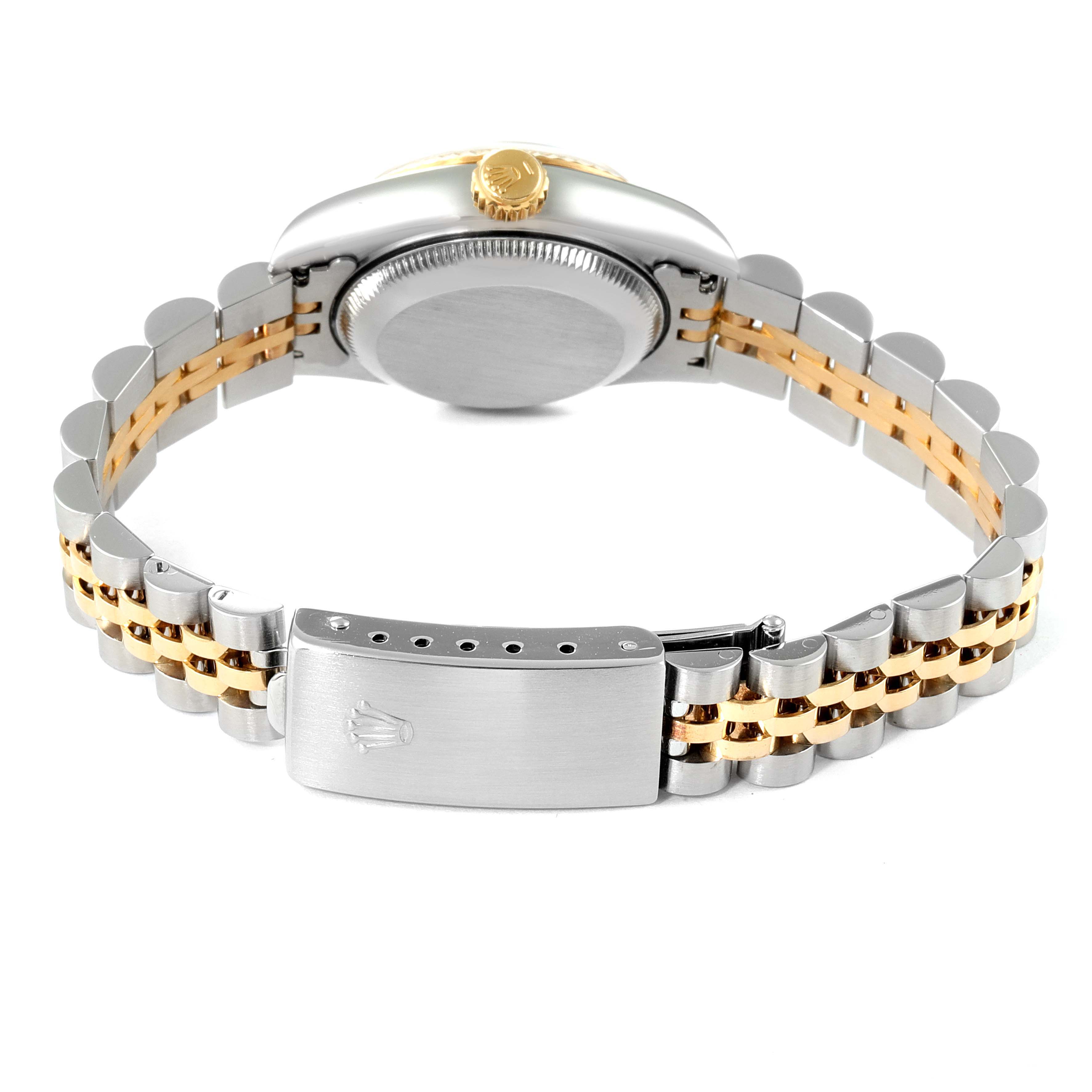 This image shows the rear view of a Rolex Datejust 69173 Women's Steel and Gold (two tone) Champagne Dial 69173 Women's Steel and Gold (two tone) Champagne Dial watch, focusing on the bracelet, clasp, and case back.