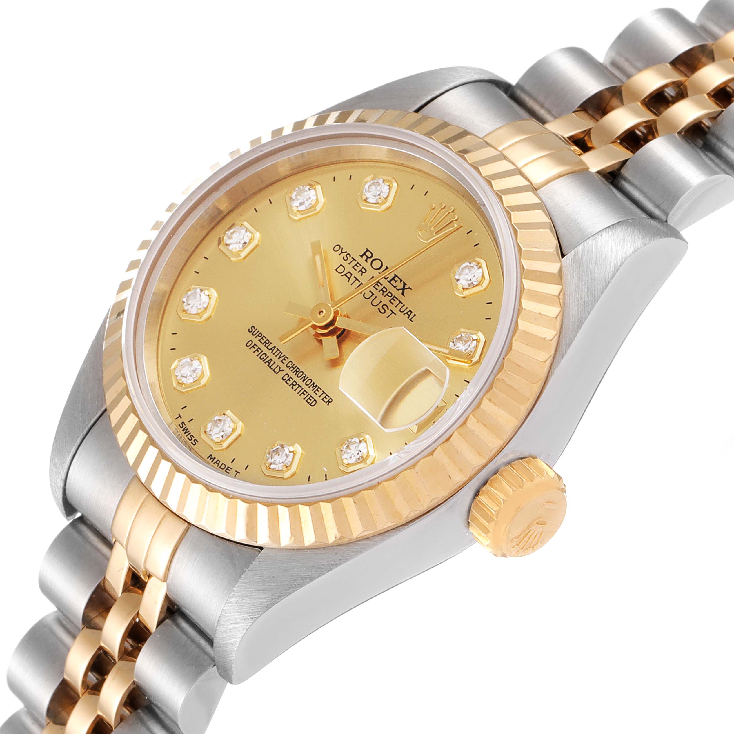 The image shows a Rolex Datejust 69173 Women's Steel and Gold (two tone) Champagne Dial 69173 Women's Steel and Gold (two tone) Champagne Dial watch from a three-quarter angle, highlighting the dial, bezel, and part of the bracelet.