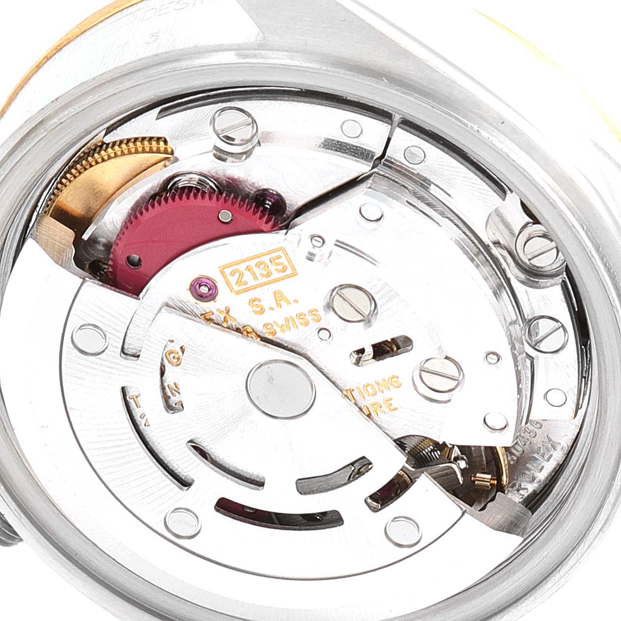 The image shows the internal movement mechanism of a Rolex Datejust 69173 Women's Steel and Gold (two tone) Champagne Dial 69173 Women's Steel and Gold (two tone) Champagne Dial watch at a close-up angle.