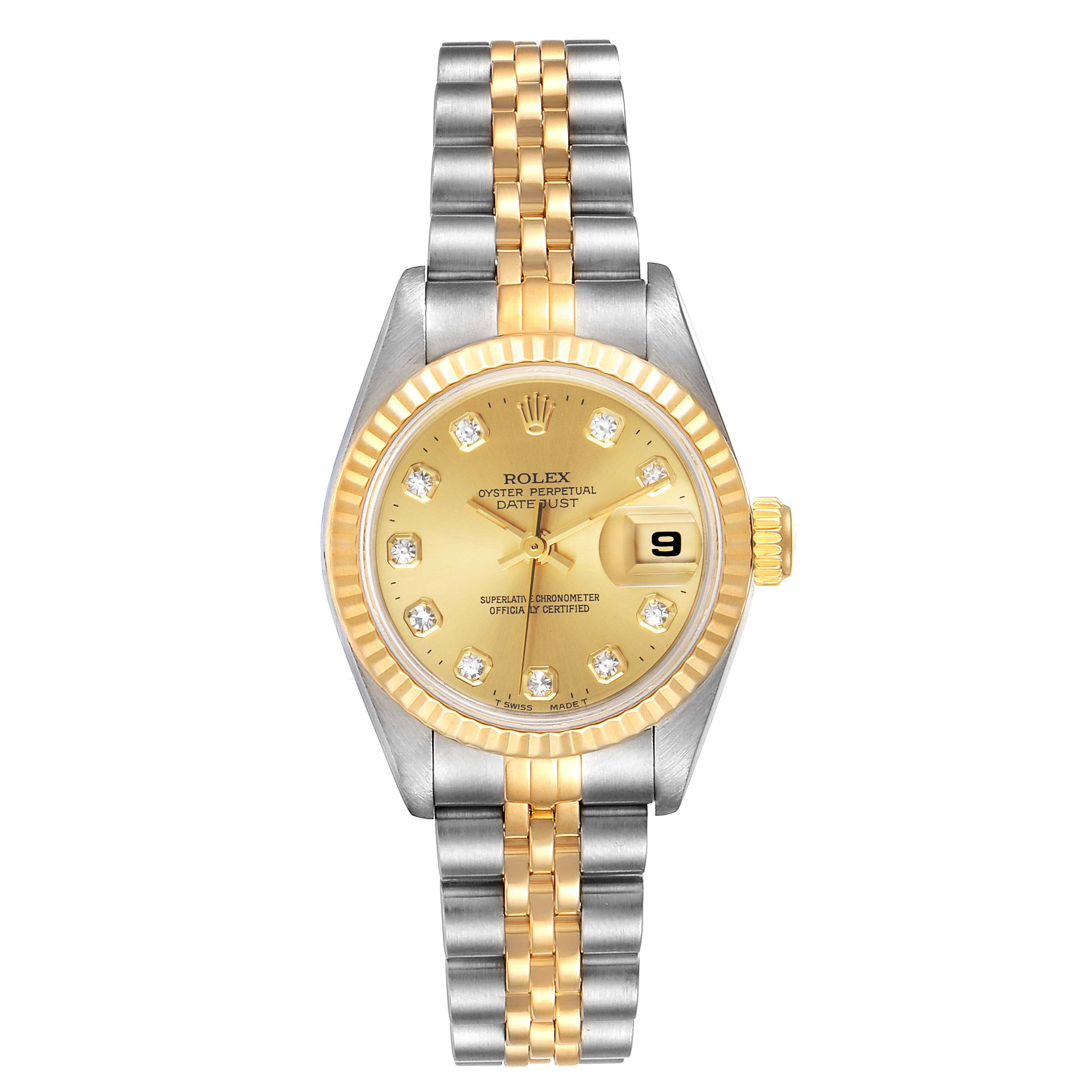 This image shows a front view of a Rolex Datejust 69173 Women's Steel and Gold (two tone) Champagne Dial 69173 Women's Steel and Gold (two tone) Champagne Dial model watch featuring a gold dial, a bi-metallic bracelet, and a date display at 3 o'clock.