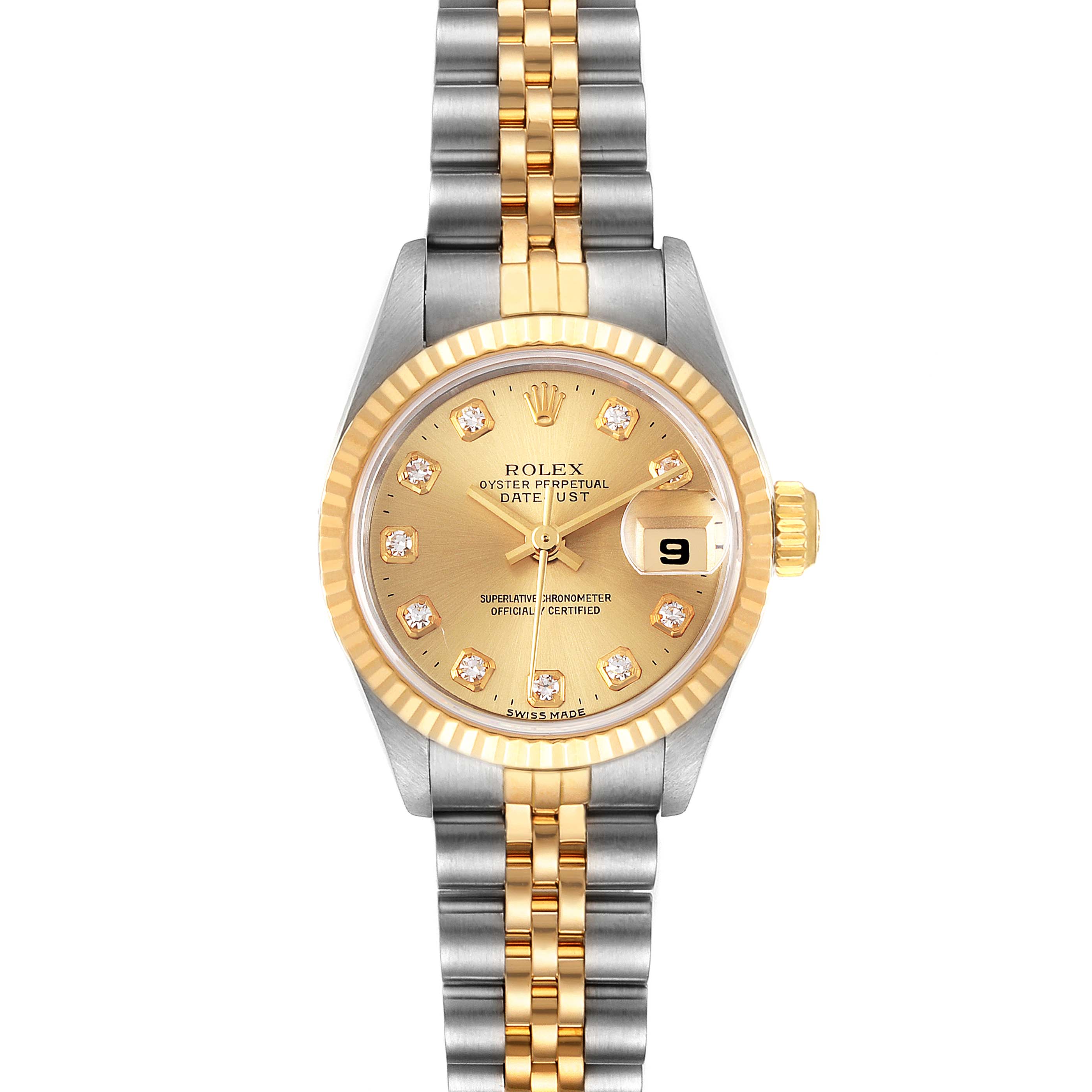 The image shows a Rolex Datejust 69173 Women's Steel and Gold (two tone) Champagne Dial 69173 Women's Steel and Gold (two tone) Champagne Dial watch from a top-down angle, highlighting its bimetal bracelet, gold dial, and date feature.