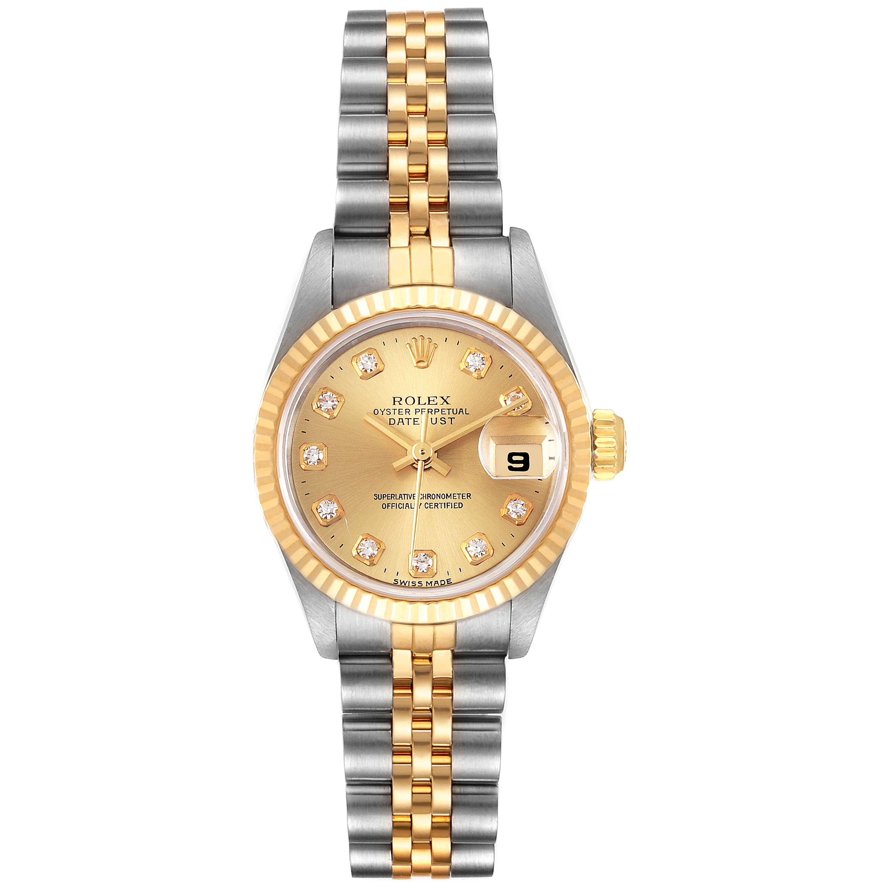 This image shows a Rolex Datejust 69173 Women's Steel and Gold (two tone) Champagne Dial 69173 Women's Steel and Gold (two tone) Champagne Dial watch from a front angle, highlighting its jubilee bracelet, gold bezel, and dial with date window.