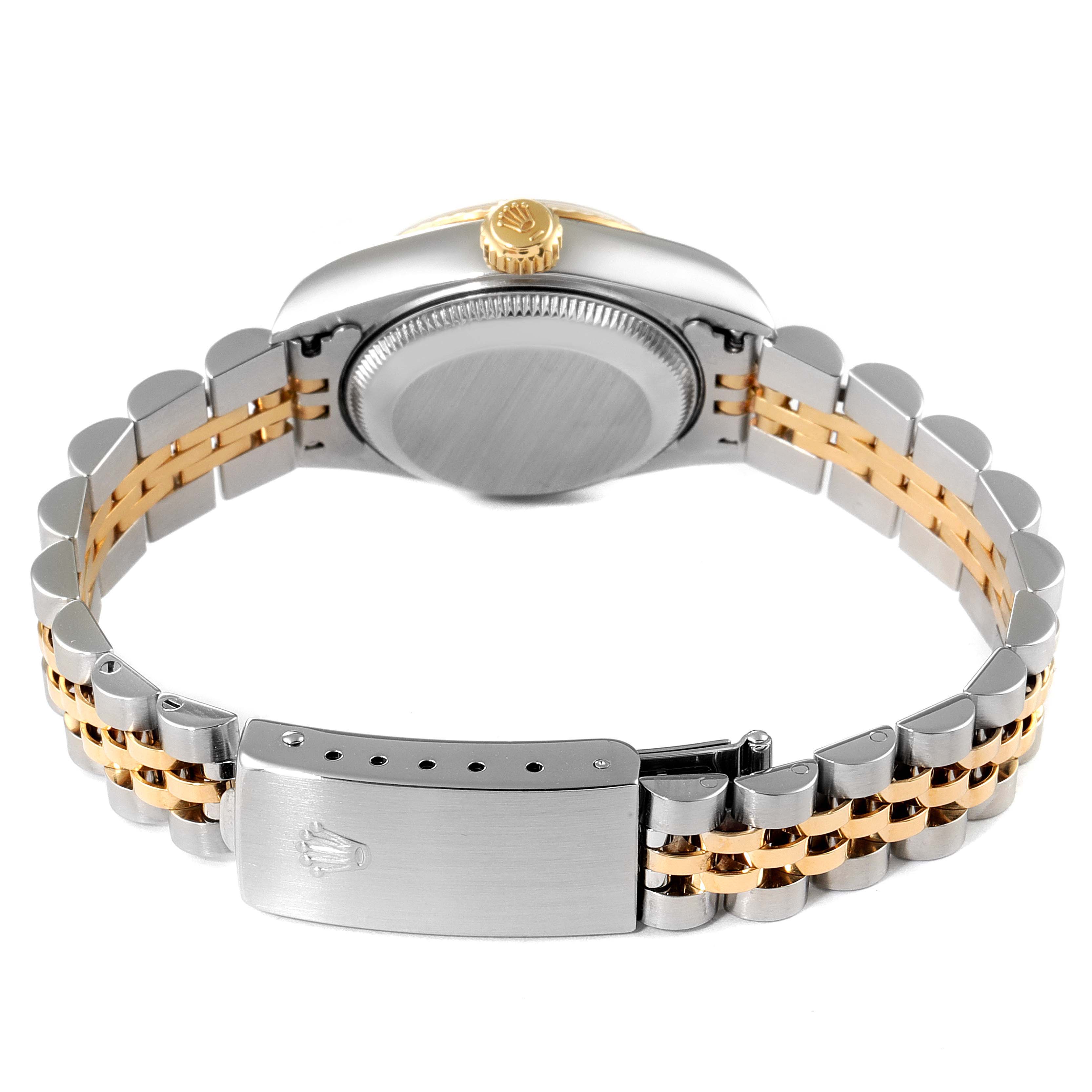 This image shows the back and bracelet clasp of the Rolex Datejust 69173 Women's Steel and Gold (two tone) Champagne Dial 69173 Women's Steel and Gold (two tone) Champagne Dial watch.