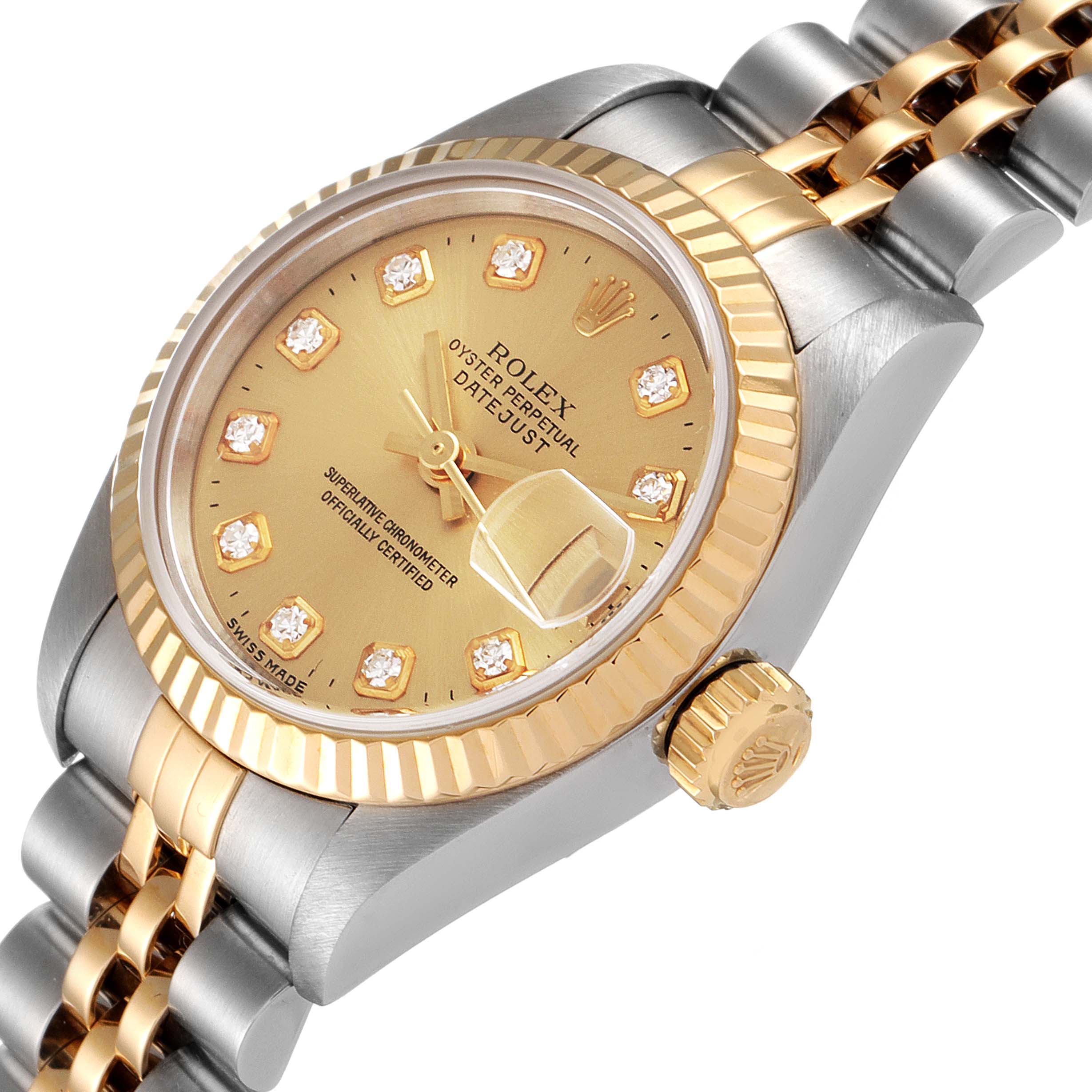 The image shows the face, bezel, and part of the bracelet of the Rolex Datejust 69173 Women's Steel and Gold (two tone) Champagne Dial 69173 Women's Steel and Gold (two tone) Champagne Dial watch at an angled view.