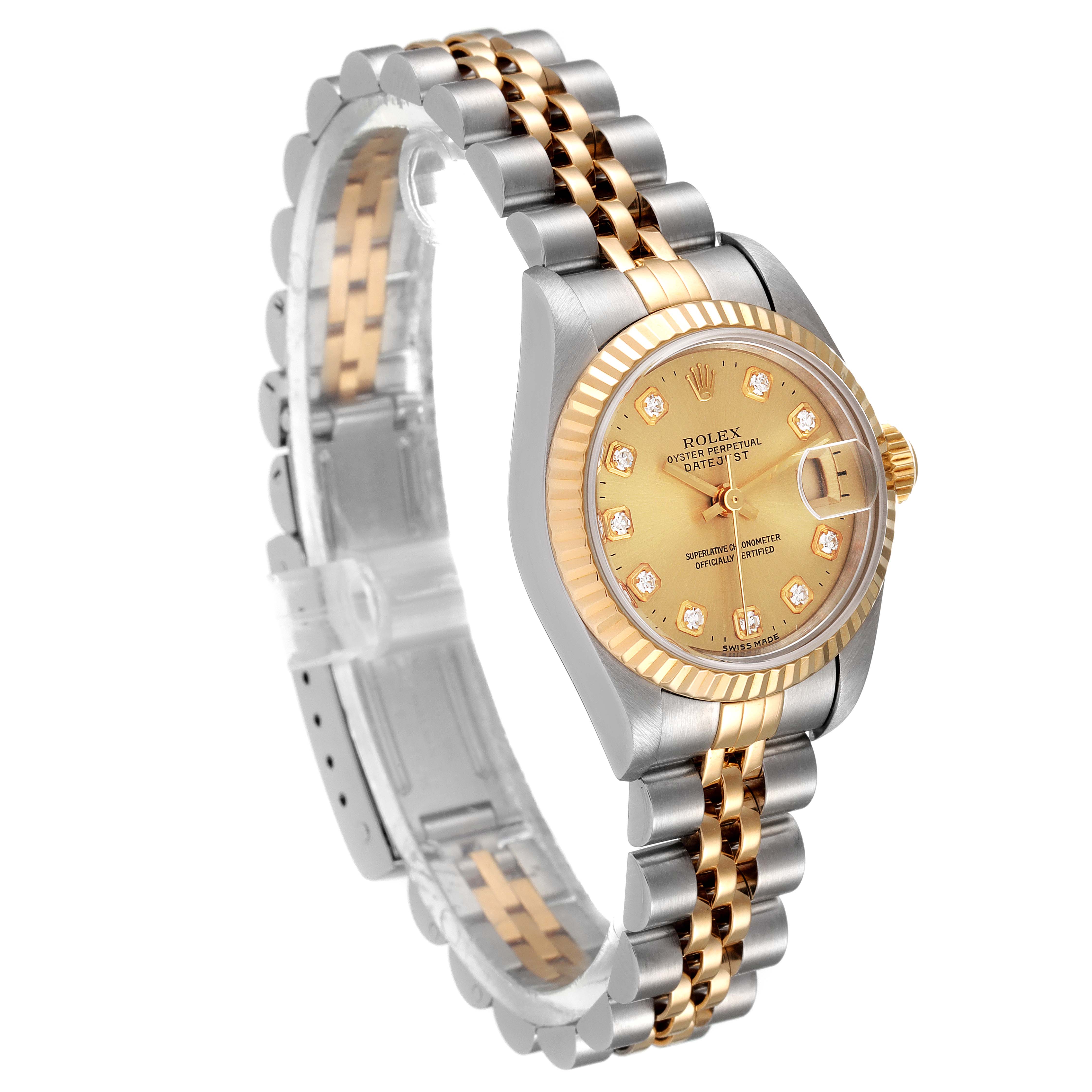 The image shows a Rolex Datejust 69173 Women's Steel and Gold (two tone) Champagne Dial 69173 Women's Steel and Gold (two tone) Champagne Dial model watch from a slight side angle, revealing the face, bezel, and partial bracelet.