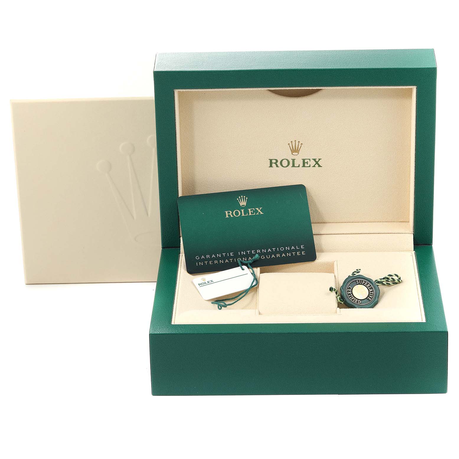 The image shows the packaging, warranty card, and tags for a Rolex Mid-Size 278274 Women's Stainless Steel Silver Dial 278274 Women's Stainless Steel Silver Dial model watch.