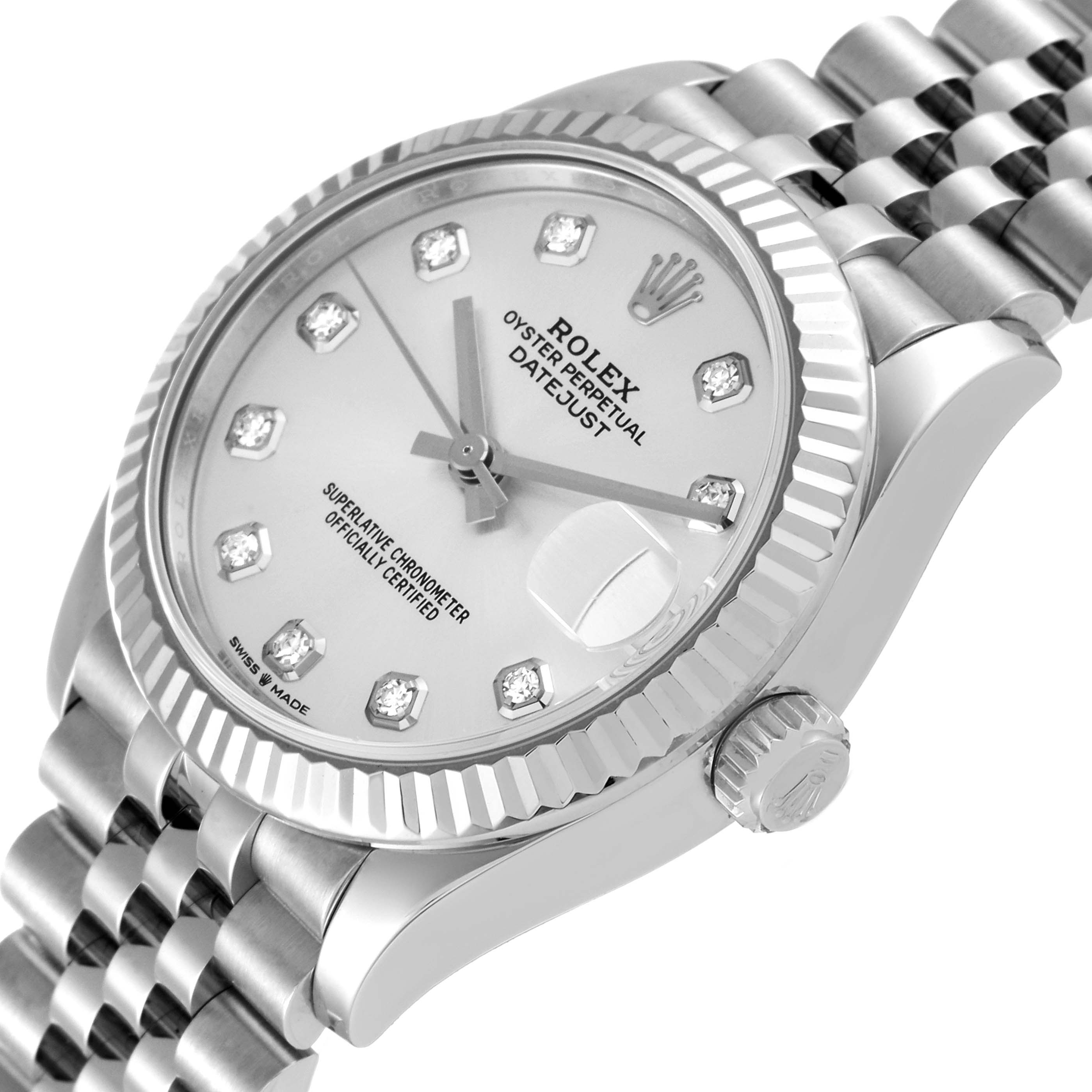 The Rolex Mid-Size 278274 Women's Stainless Steel Silver Dial 278274 Women's Stainless Steel Silver Dial Oyster Perpetual Datejust watch is shown at an angle, highlighting its face, bezel, crown, and bracelet.