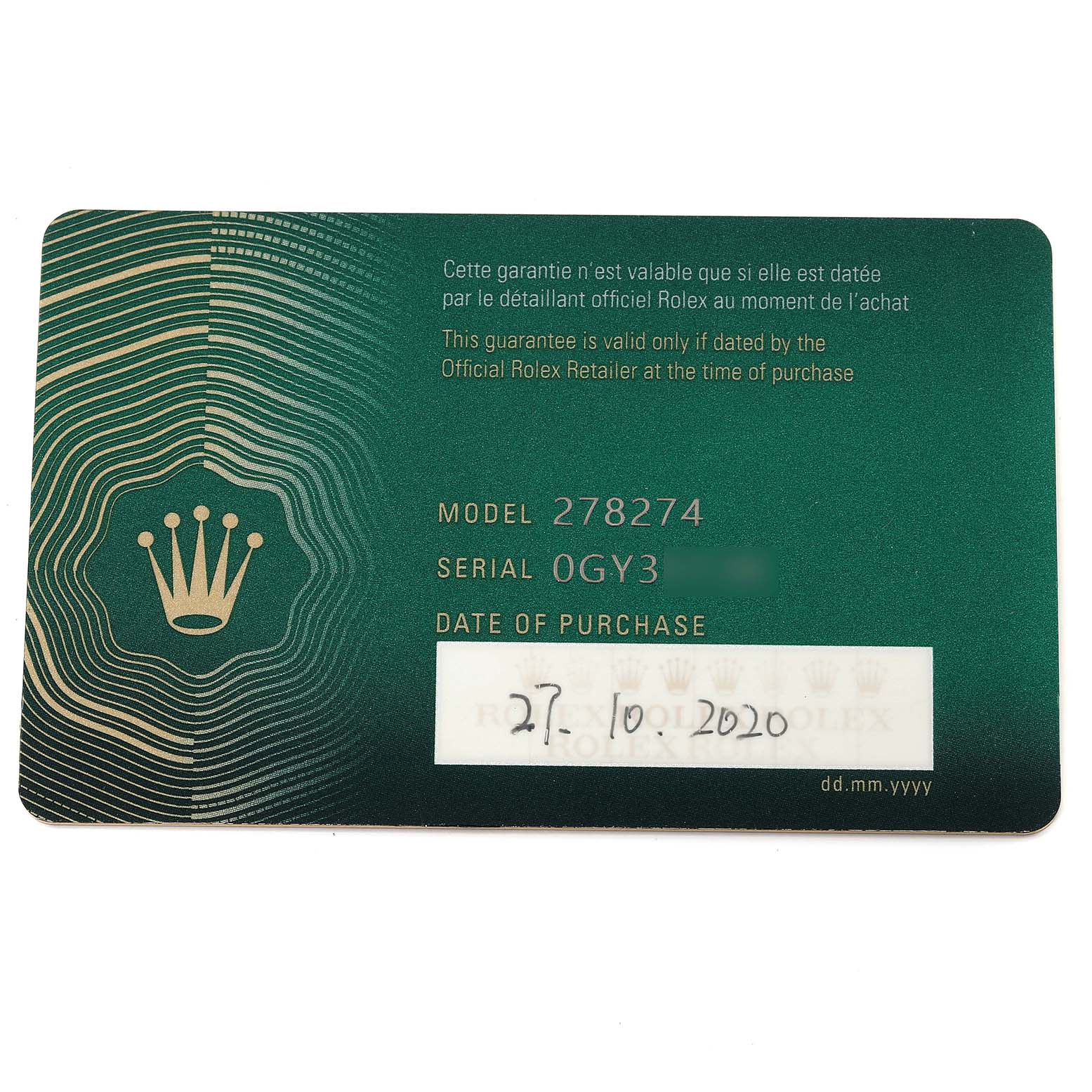 This image shows a green Rolex guarantee card for the Mid-Size model 278274 with serial number OGY3 and purchase date 27.10.2020.