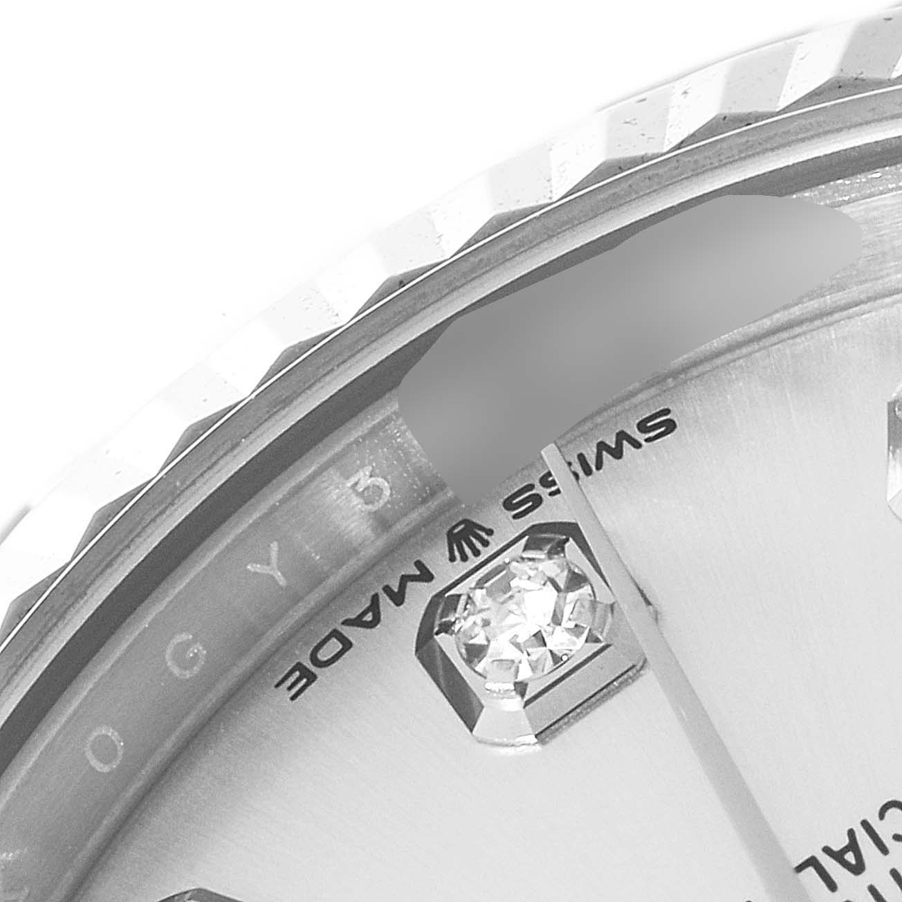 This image shows a close-up angle of the dial and bezel of a Rolex Mid-Size 278274 Women's Stainless Steel Silver Dial 278274 Women's Stainless Steel Silver Dial model watch.