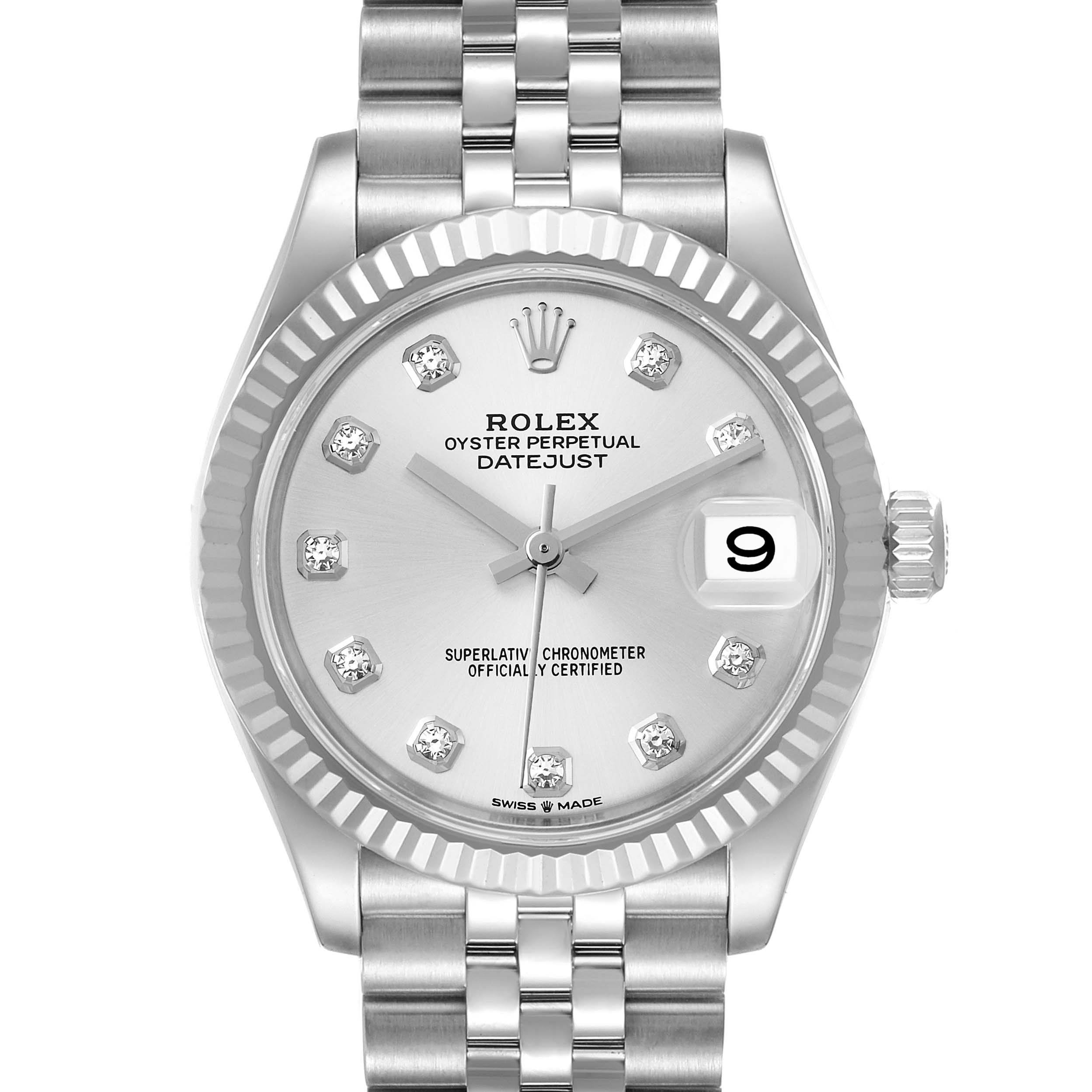 This image shows a front view of the Rolex Mid-Size 278274 Women's Stainless Steel Silver Dial 278274 Women's Stainless Steel Silver Dial Datejust watch, highlighting the dial, bezel, and part of the bracelet.