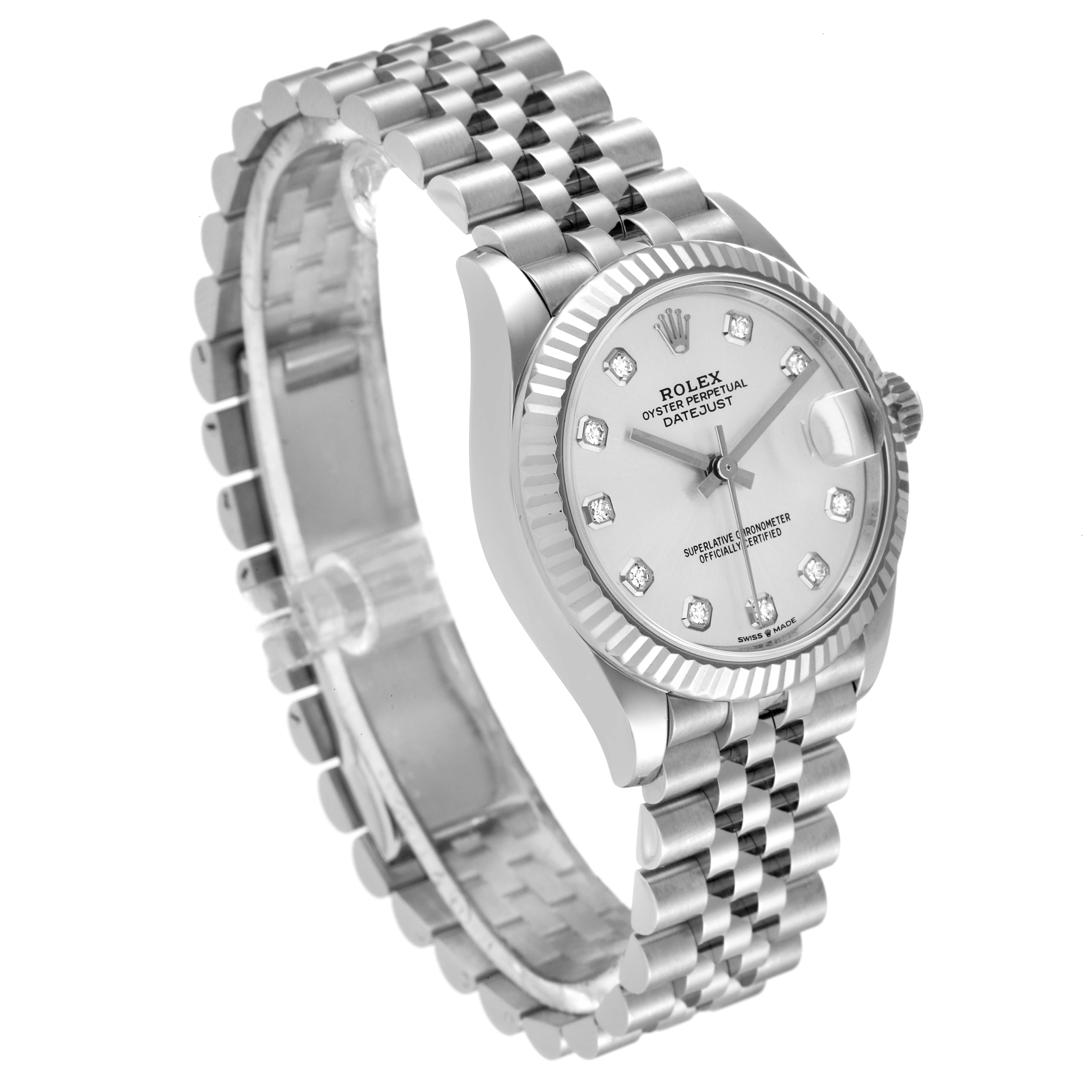 The image shows a Mid-Size Rolex Datejust watch angled to display the face, bezel, and bracelet.
