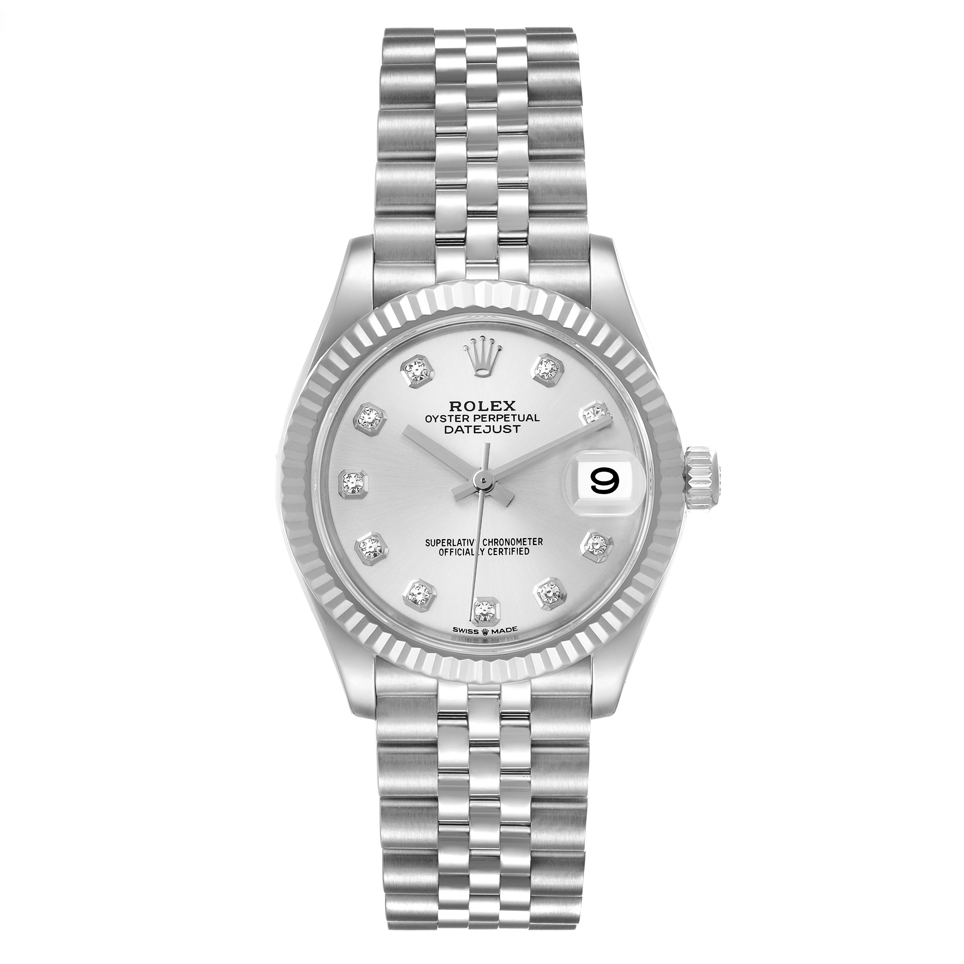 This image shows a front view of a Rolex Oyster Perpetual Datejust Mid-Size watch, highlighting the face, bracelet, and date feature.