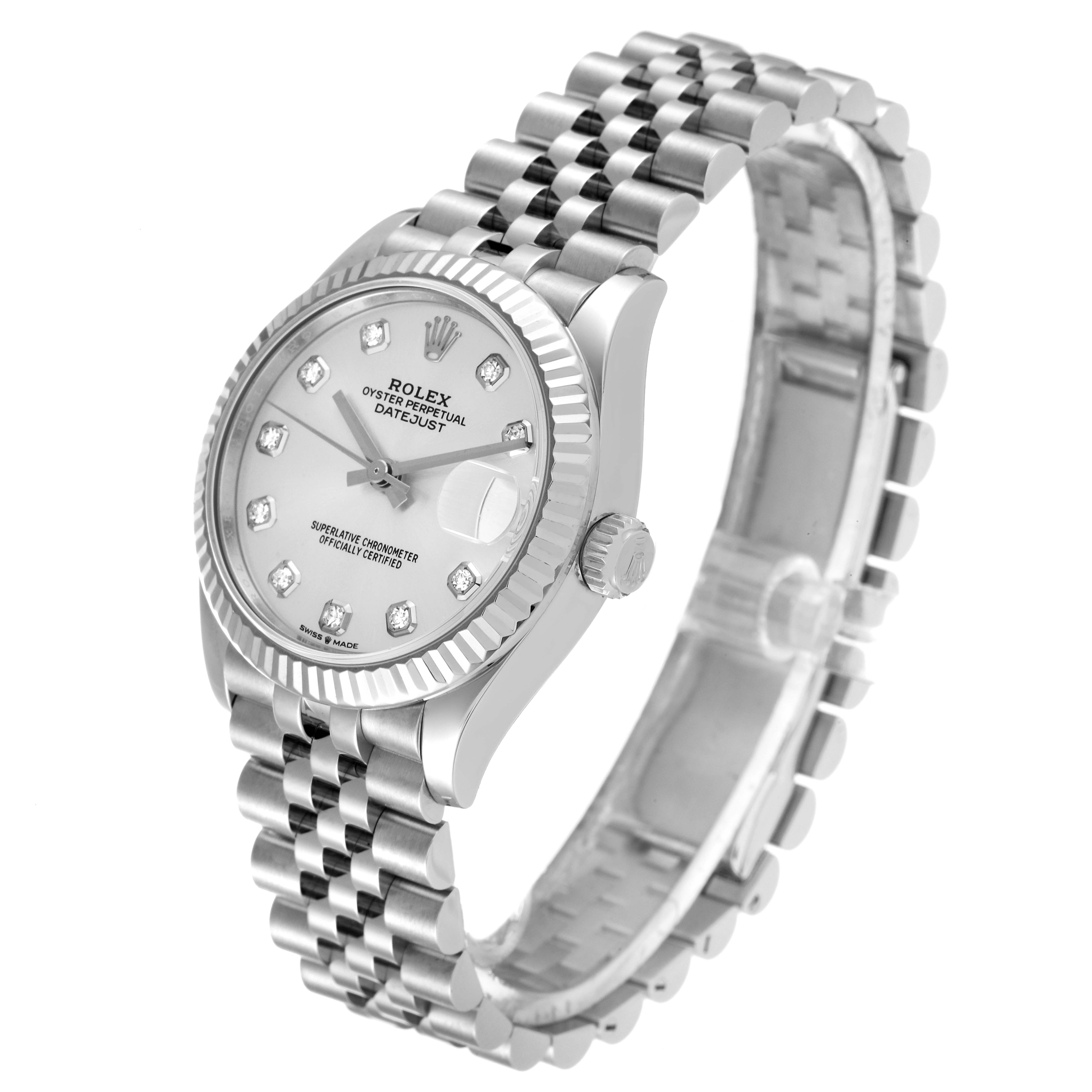 This image shows a side angle of a Rolex Oyster Perpetual Datejust Mid-Size watch, highlighting its face, bezel, crown, and bracelet.