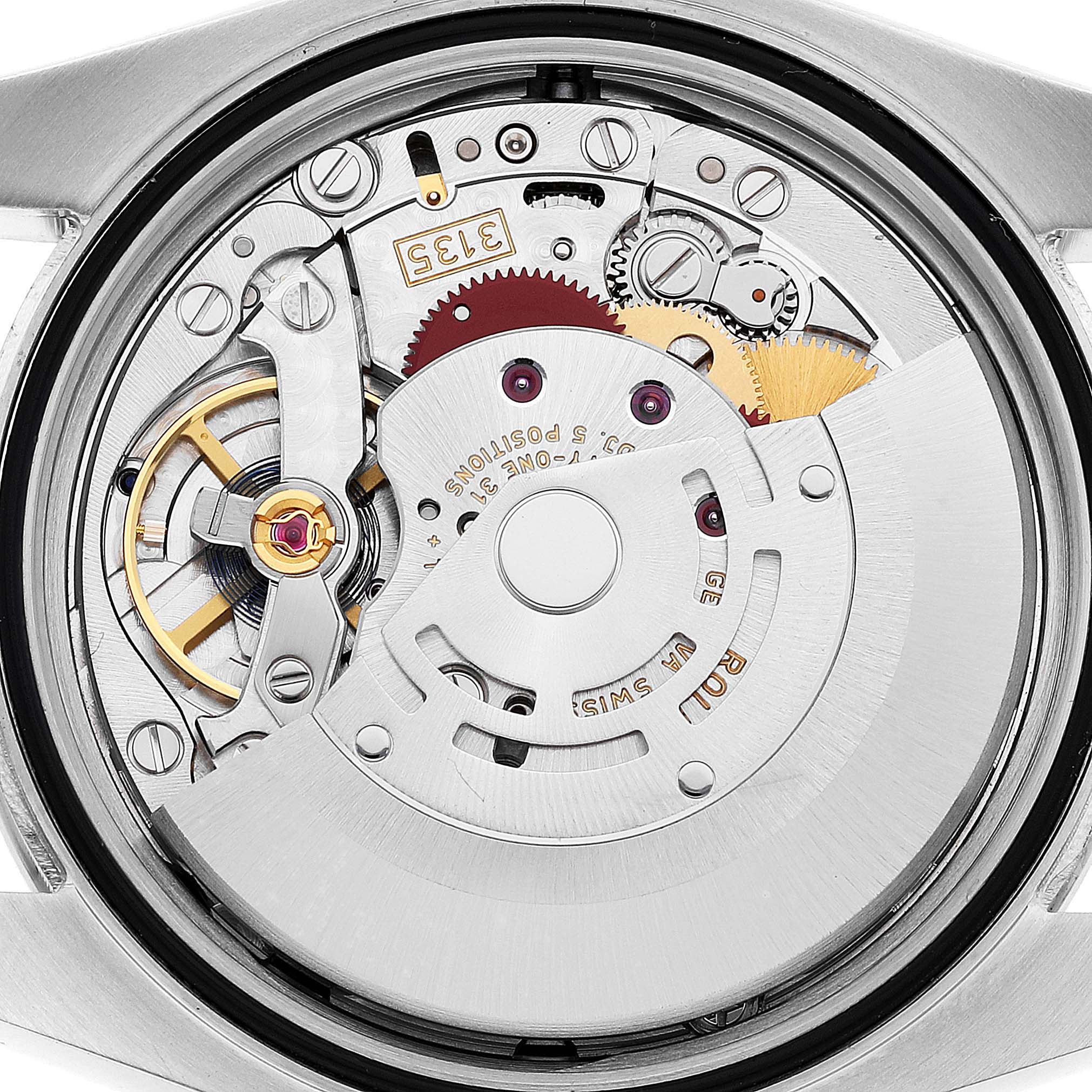 The image shows the internal movement mechanism of a Rolex Datejust 116244 Men's Stainless Steel Black Dial 116244 Men's Stainless Steel Black Dial watch from a direct overhead angle.