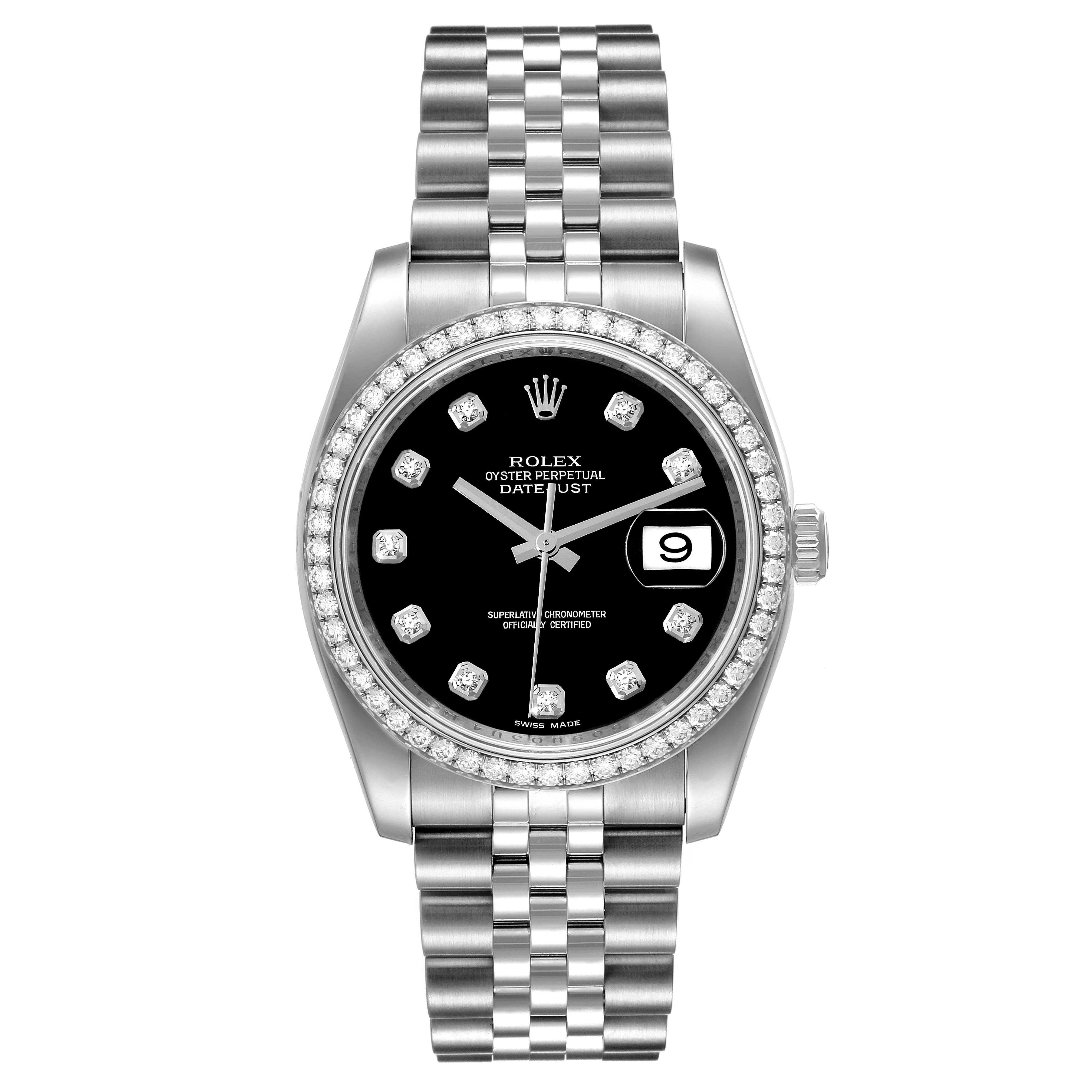 This image shows a Rolex Datejust 116244 Men's Stainless Steel Black Dial 116244 Men's Stainless Steel Black Dial watch from a front view, displaying the face, bezel, and bracelet.