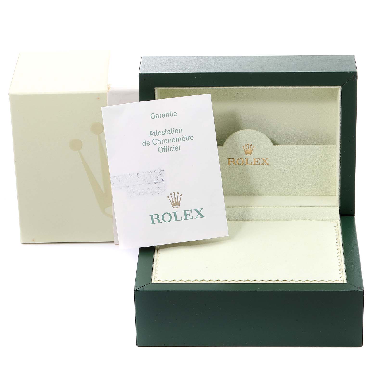 The image shows the open box and warranty certificate for a Rolex Datejust 16234 Men's Stainless Steel Blue Dial 16234 Men's Stainless Steel Blue Dial model watch, angled to display the interior of the box.