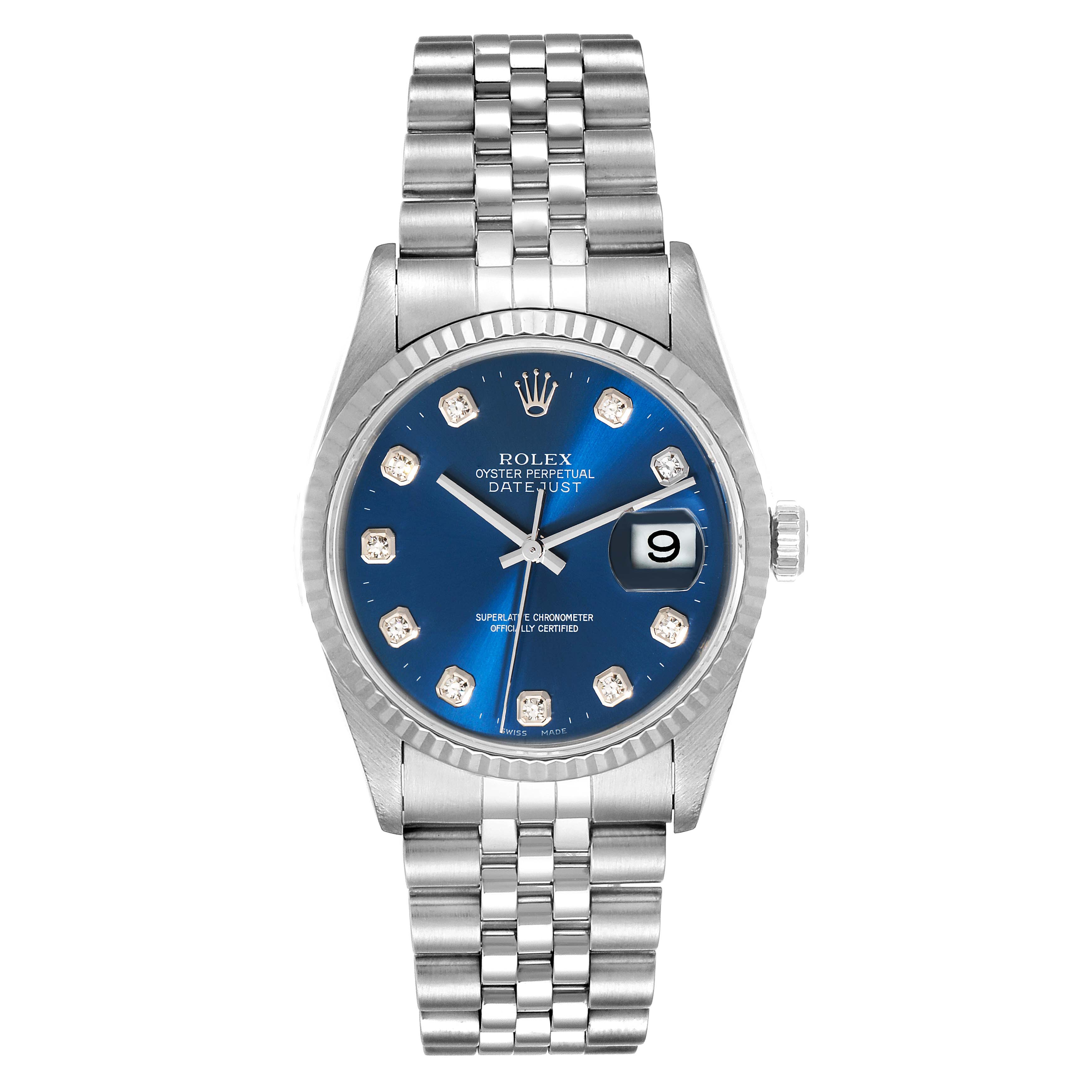 The image shows a Rolex Datejust 16234 Men's Stainless Steel Blue Dial 16234 Men's Stainless Steel Blue Dial watch, featuring a blue dial, diamond hour markers, date window, and stainless steel bracelet, viewed from the front.