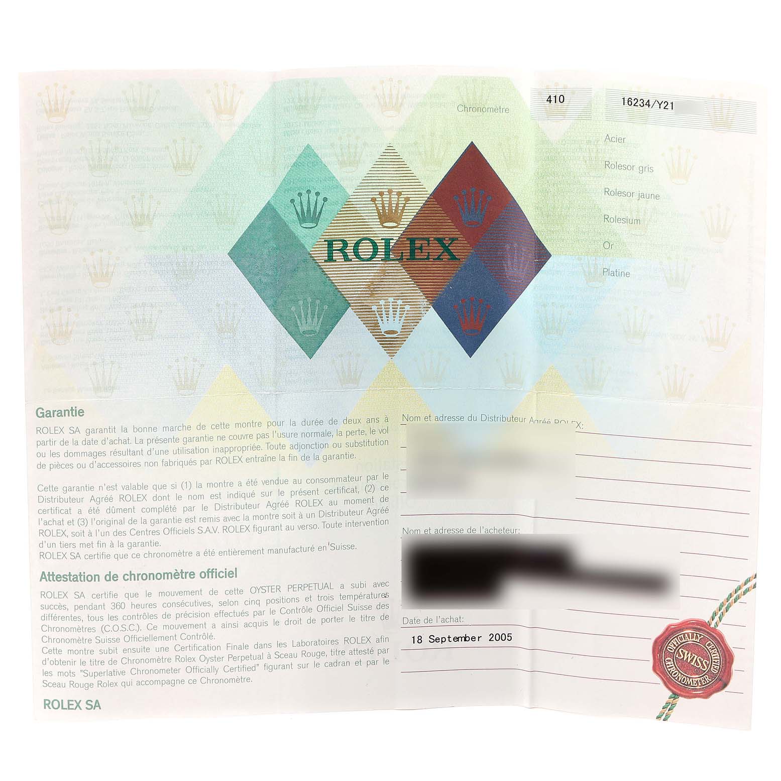 This image shows a Rolex Datejust 16234 Men's Stainless Steel Blue Dial 16234 Men's Stainless Steel Blue Dial warranty certificate, including documentation and purchase details.