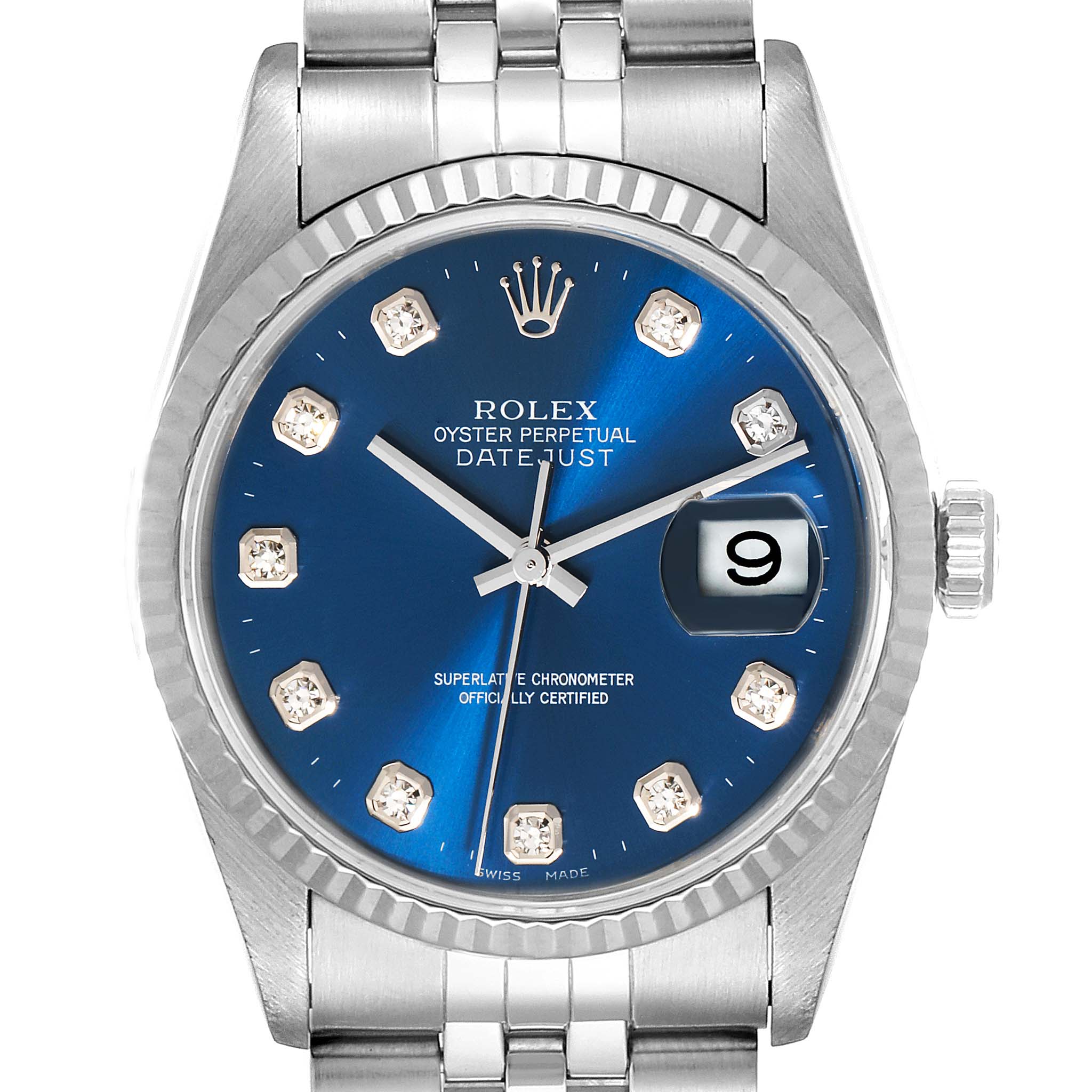 This image shows a front view of a Rolex Datejust 16234 Men's Stainless Steel Blue Dial 16234 Men's Stainless Steel Blue Dial watch featuring a blue dial with diamond hour markers and a date window.