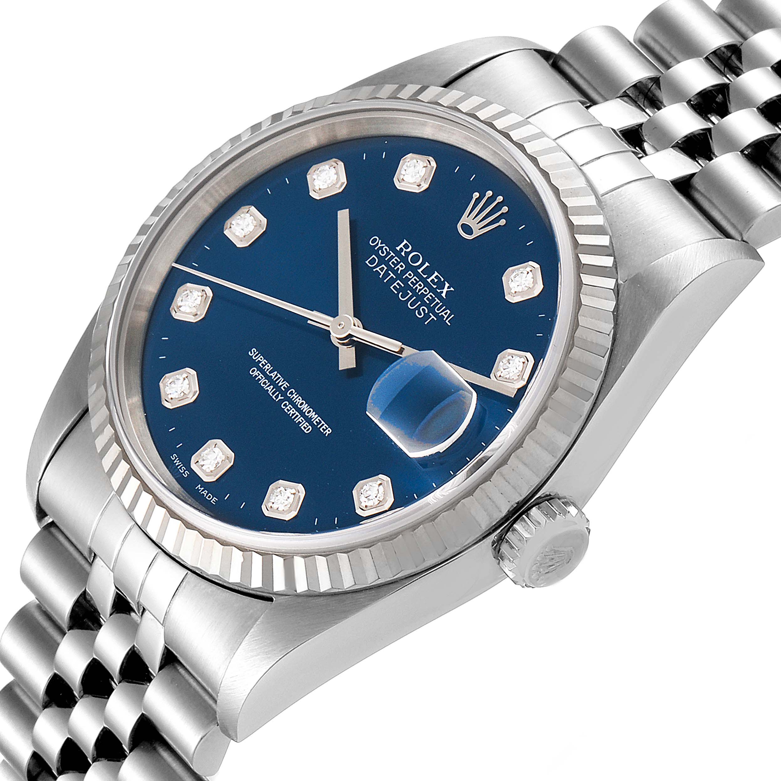 The Rolex Datejust 16234 Men's Stainless Steel Blue Dial 16234 Men's Stainless Steel Blue Dial watch is shown at a slight angle, highlighting its blue dial, fluted bezel, and jubilee bracelet.