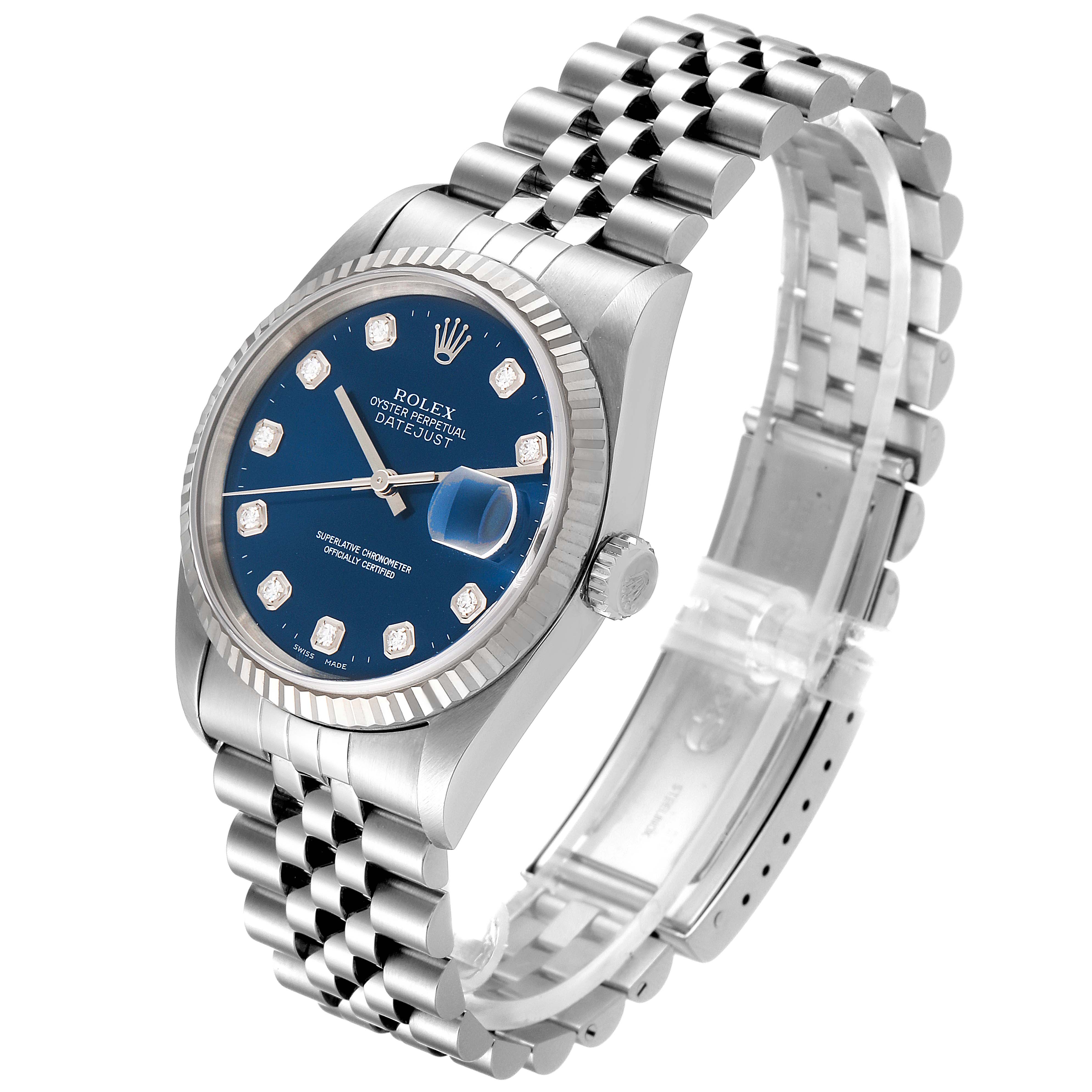 The image shows a side angle of a Rolex Datejust 16234 Men's Stainless Steel Blue Dial 16234 Men's Stainless Steel Blue Dial watch, highlighting the face, bezel, crown, and bracelet.