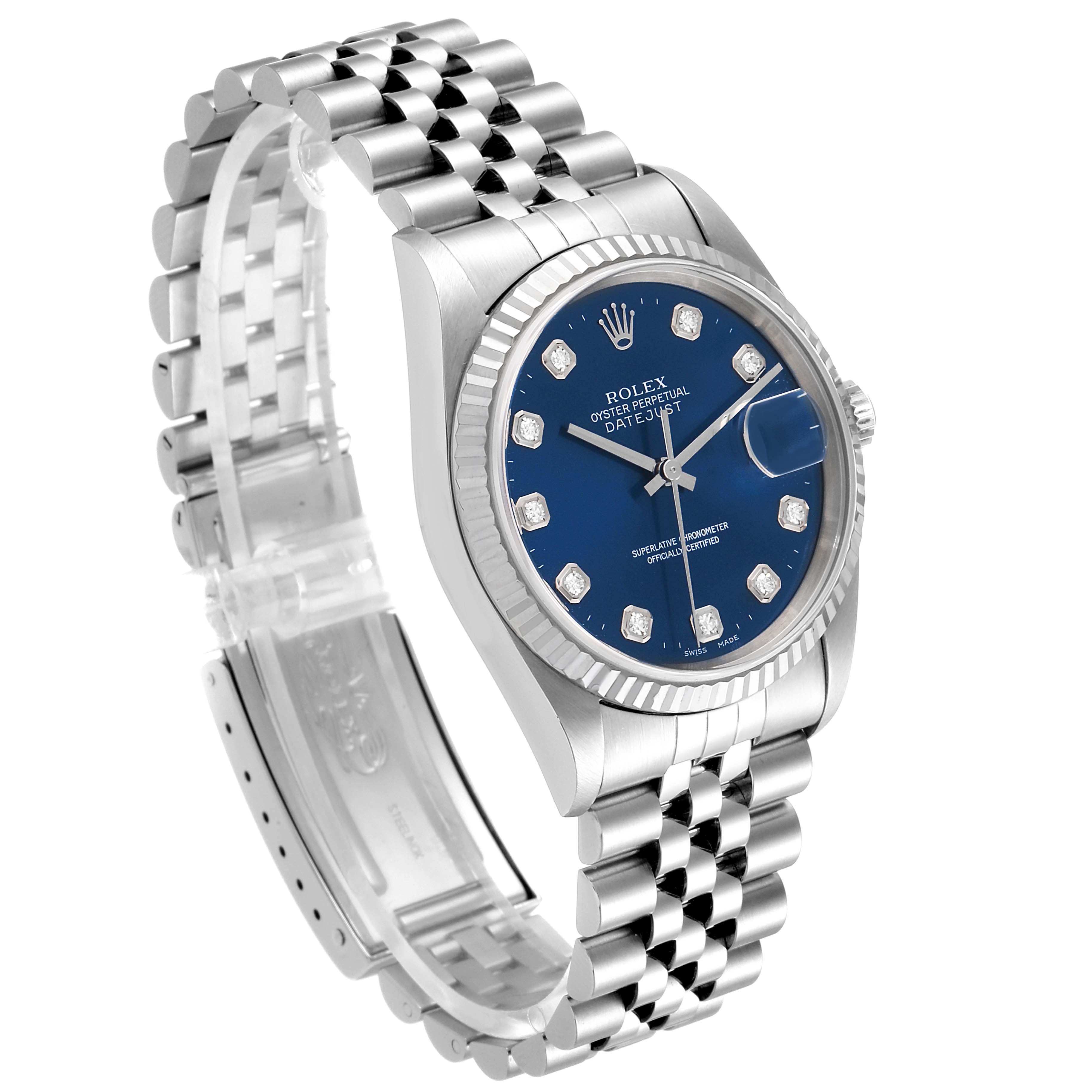 The Rolex Datejust 16234 Men's Stainless Steel Blue Dial 16234 Men's Stainless Steel Blue Dial watch is shown at a slight angle, displaying its blue dial, jubilee bracelet, and fluted bezel.