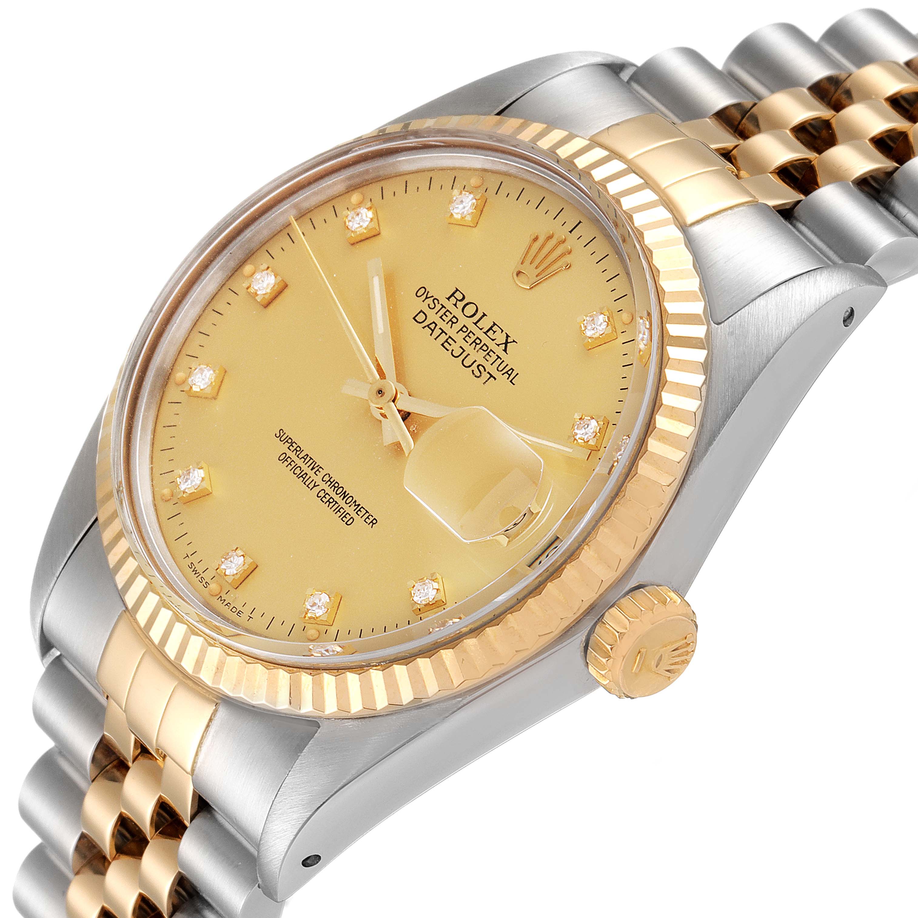 The Rolex Vintage Collection 16013 Men's Steel and Gold (two tone) Champagne Dial 16013 Men's Steel and Gold (two tone) Champagne Dial model is shown at an angled view, displaying its dial, bezel, crown, and metal bracelet.