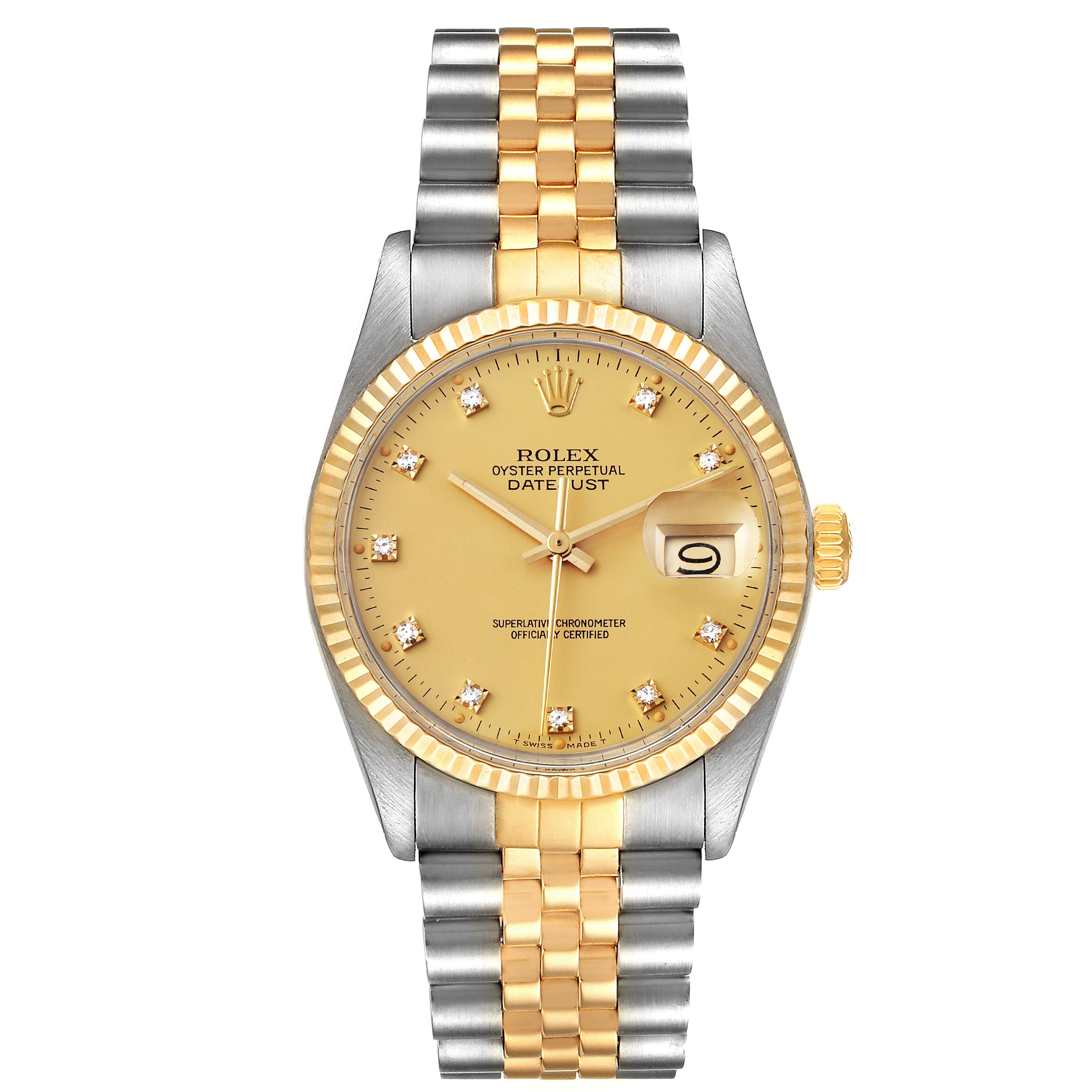 The Rolex Vintage Collection 16013 Men's Steel and Gold (two tone) Champagne Dial 16013 Men's Steel and Gold (two tone) Champagne Dial model is shown from a top-down angle, highlighting its two-tone bracelet, gold dial, and date window.