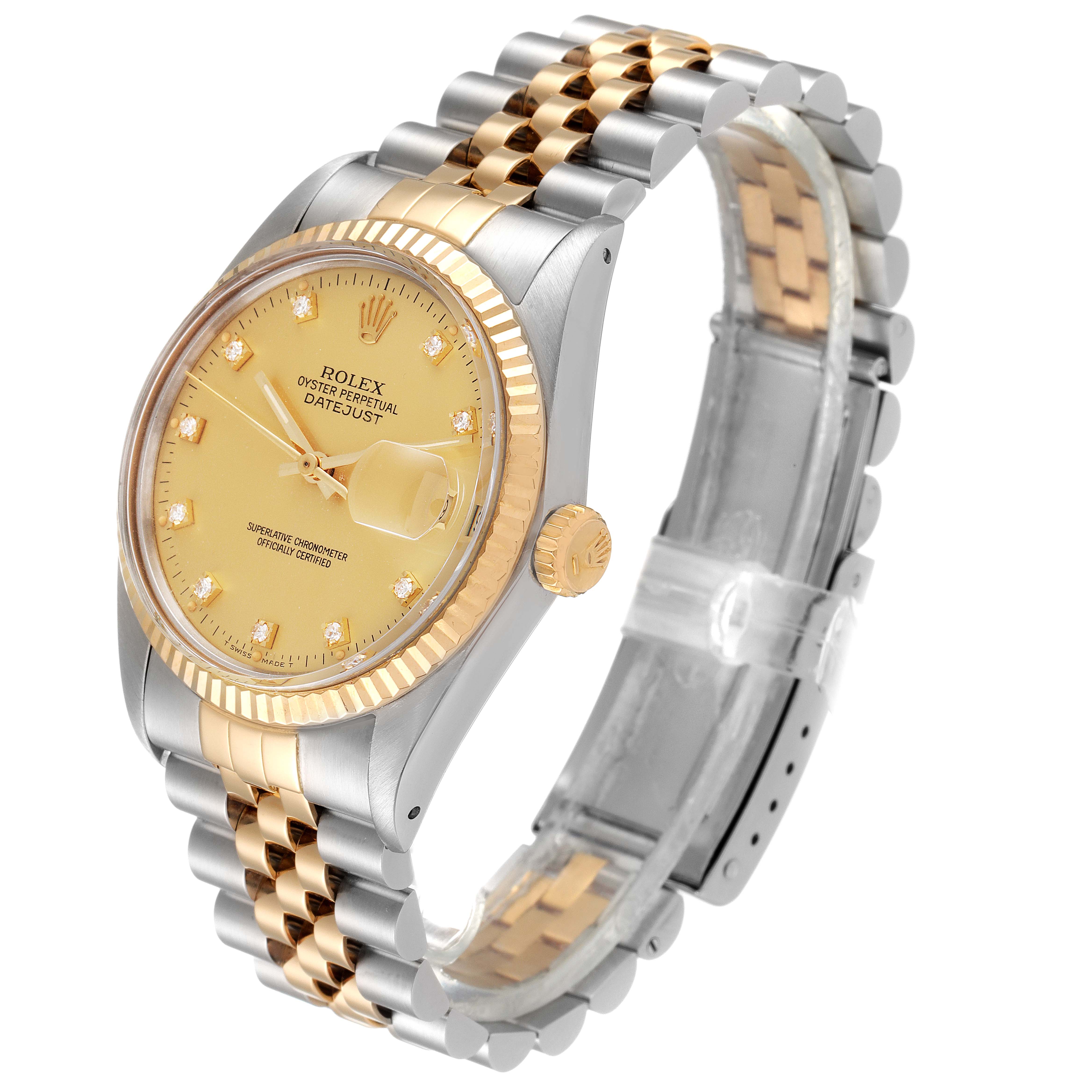The image shows a Rolex Vintage Collection 16013 Men's Steel and Gold (two tone) Champagne Dial 16013 Men's Steel and Gold (two tone) Champagne Dial Datejust watch at a slight angle, highlighting the dial, bezel, crown, and two-tone bracelet.