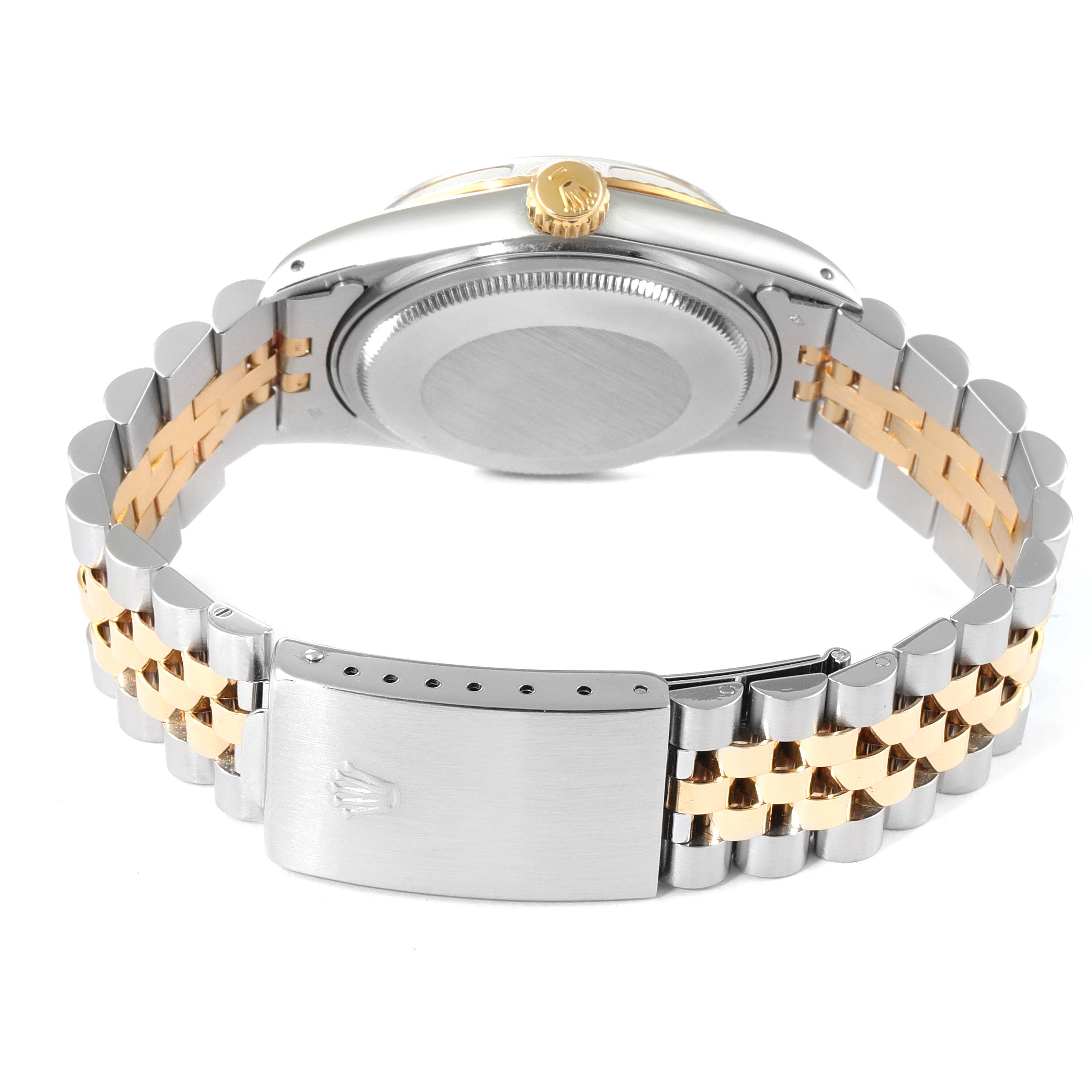 The image shows the back and band of a Rolex Vintage Collection 16013 Men's Steel and Gold (two tone) Champagne Dial 16013 Men's Steel and Gold (two tone) Champagne Dial watch in a partially closed position.