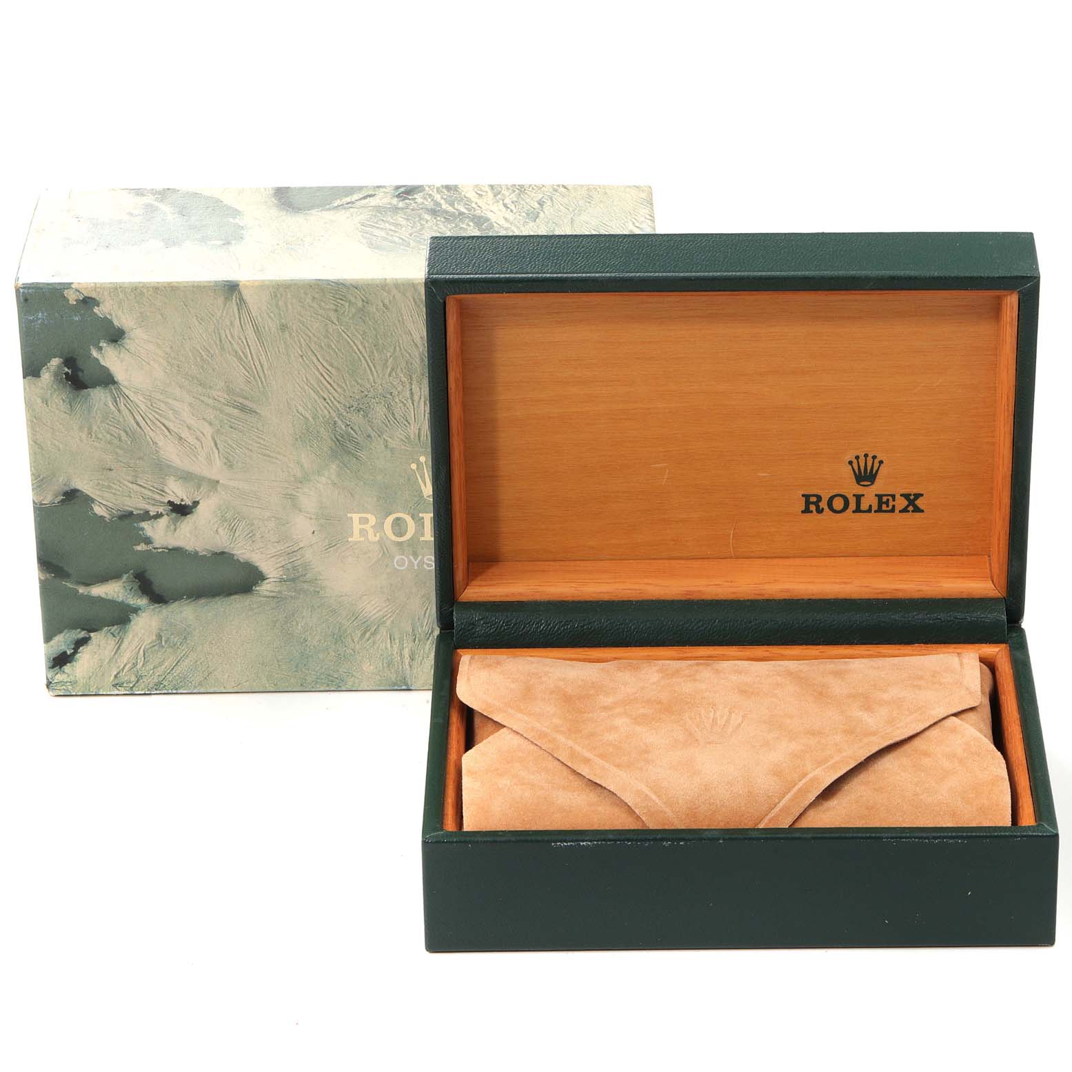 The image shows the open box and packaging of a Rolex Vintage Collection 16013 Men's Steel and Gold (two tone) Champagne Dial 16013 Men's Steel and Gold (two tone) Champagne Dial model, revealing a suede pouch inside.