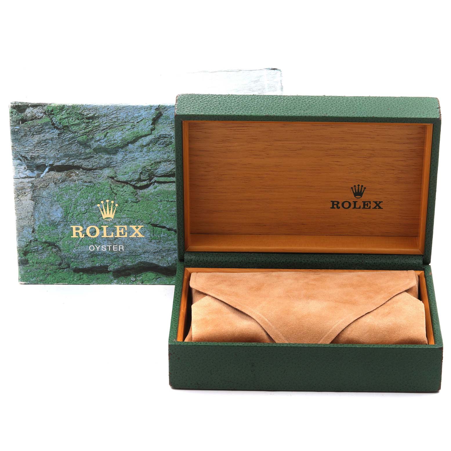 The image shows the open packaging box and pouch for the Vintage Collection model by Rolex, showcasing the interior lining.