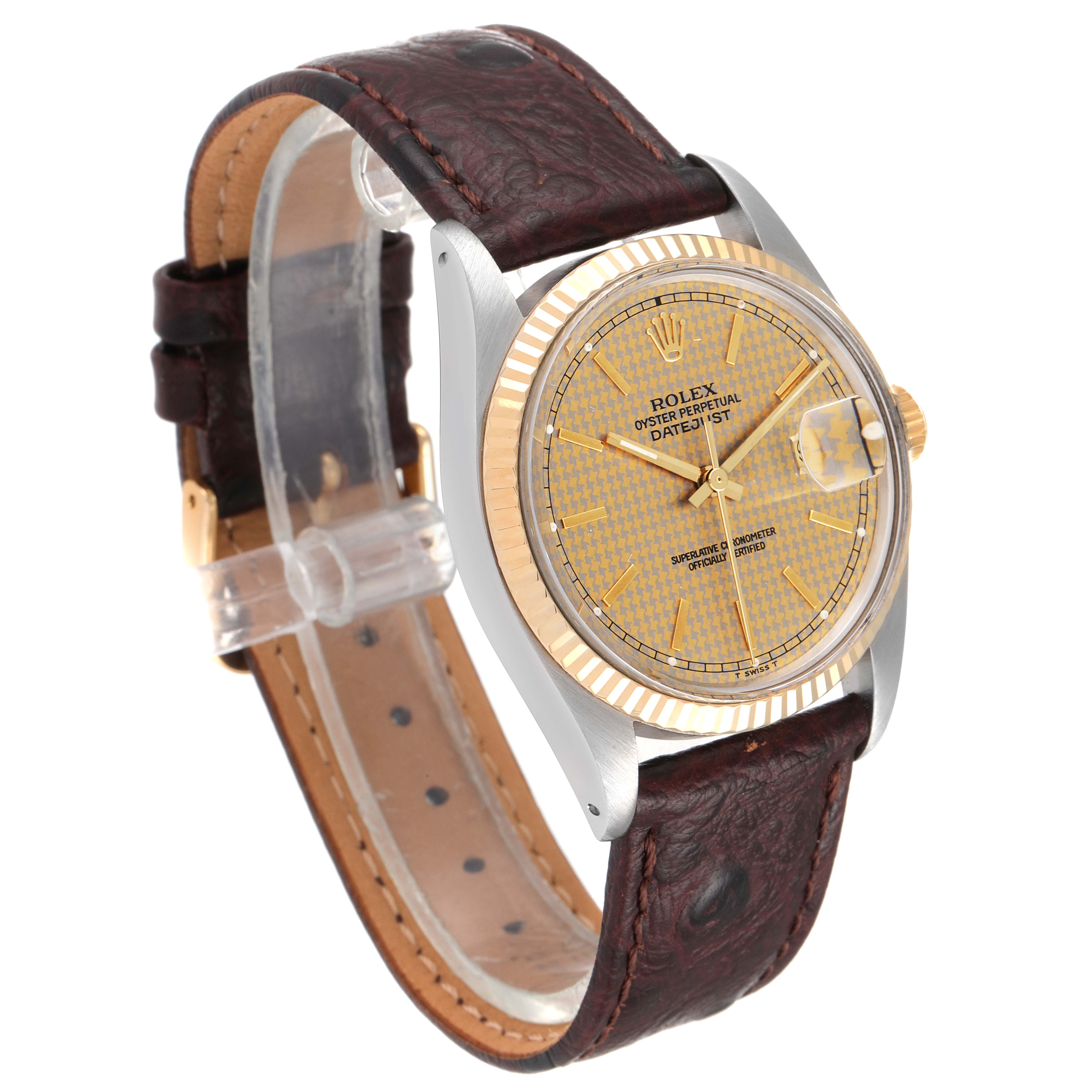 The image shows a side angle of a Rolex Vintage Collection 16013 Men's Steel and Gold (two tone) Champagne Dial 16013 Men's Steel and Gold (two tone) Champagne Dial watch, highlighting the dial, bezel, and leather strap.