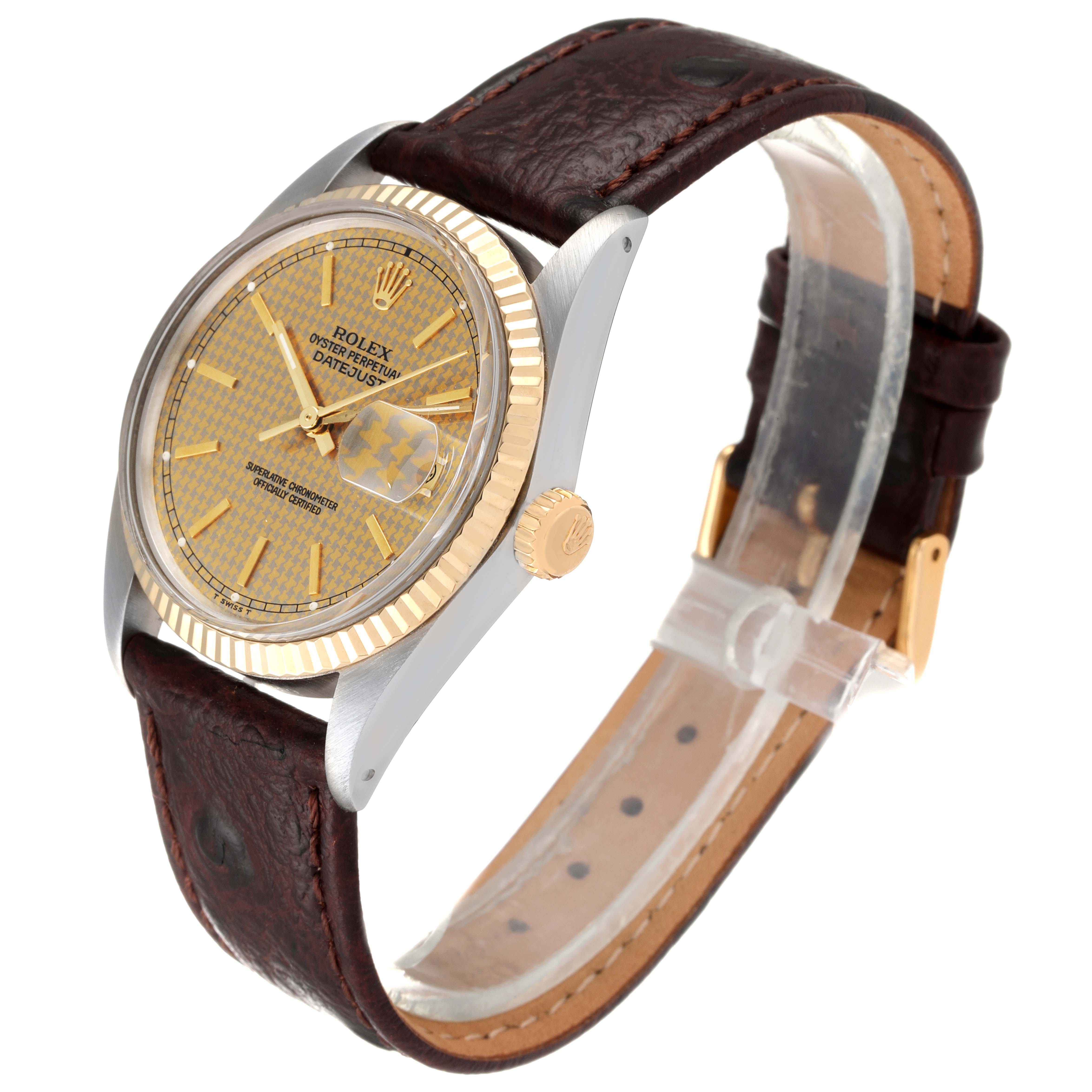 The Rolex Vintage Collection 16013 Men's Steel and Gold (two tone) Champagne Dial 16013 Men's Steel and Gold (two tone) Champagne Dial watch is shown at a slight angle, displaying its dial, bezel, crown, and leather strap.