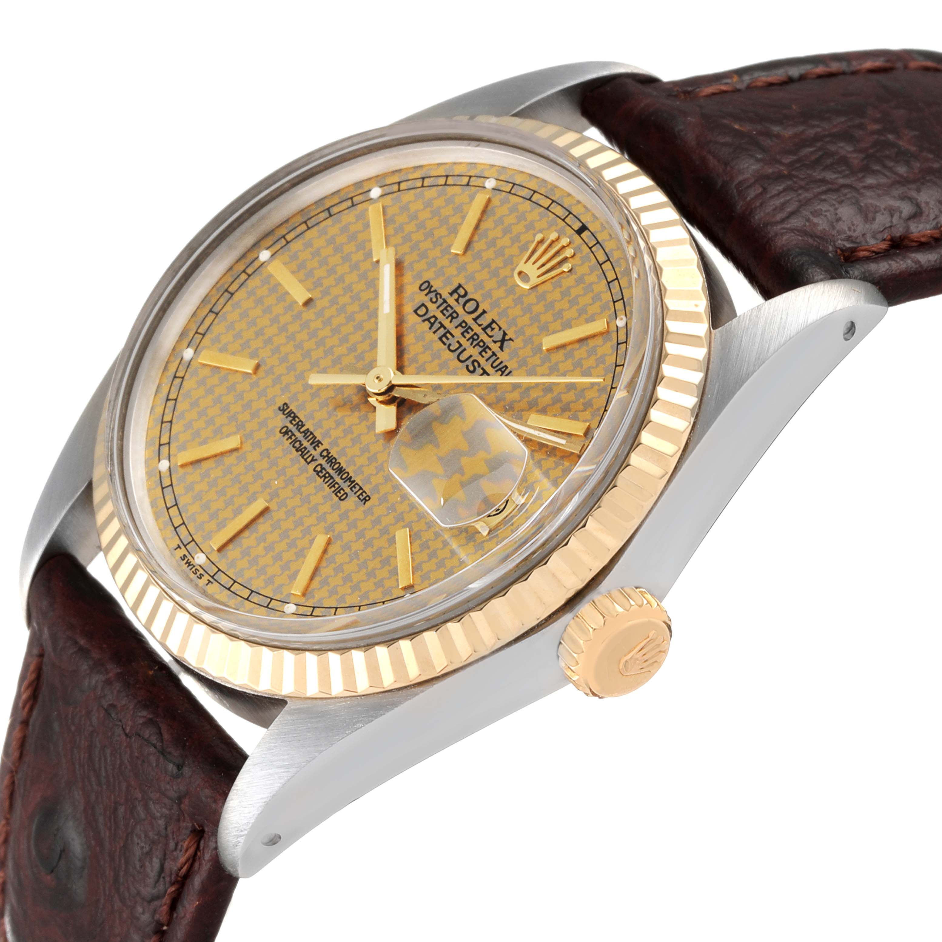 The Vintage Collection Rolex watch is shown from a diagonal angle, highlighting the face, crown, bezel, and leather strap.