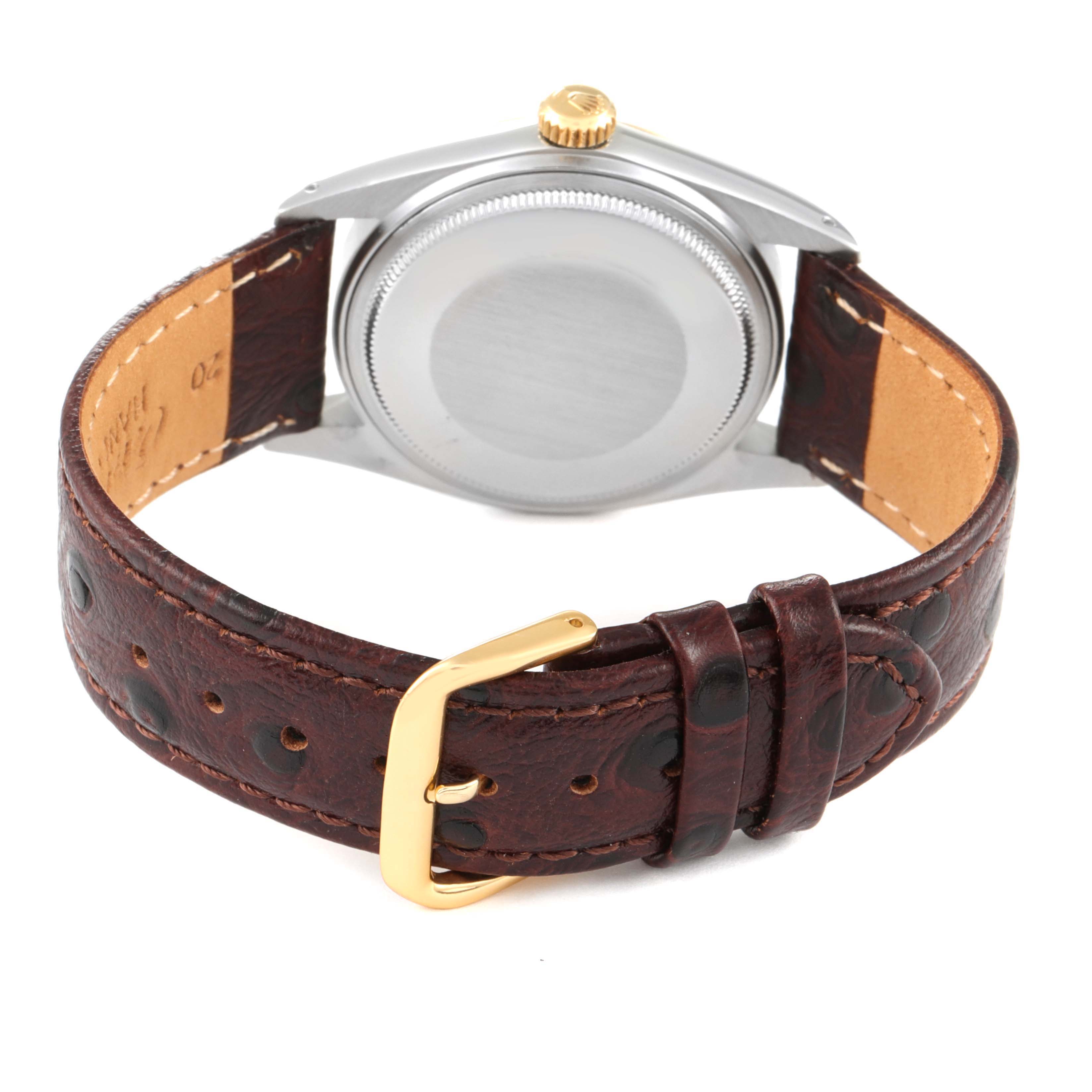 The image shows the back case and leather strap of a Rolex Vintage Collection 16013 Men's Steel and Gold (two tone) Champagne Dial 16013 Men's Steel and Gold (two tone) Champagne Dial model, viewed from the rear angle.