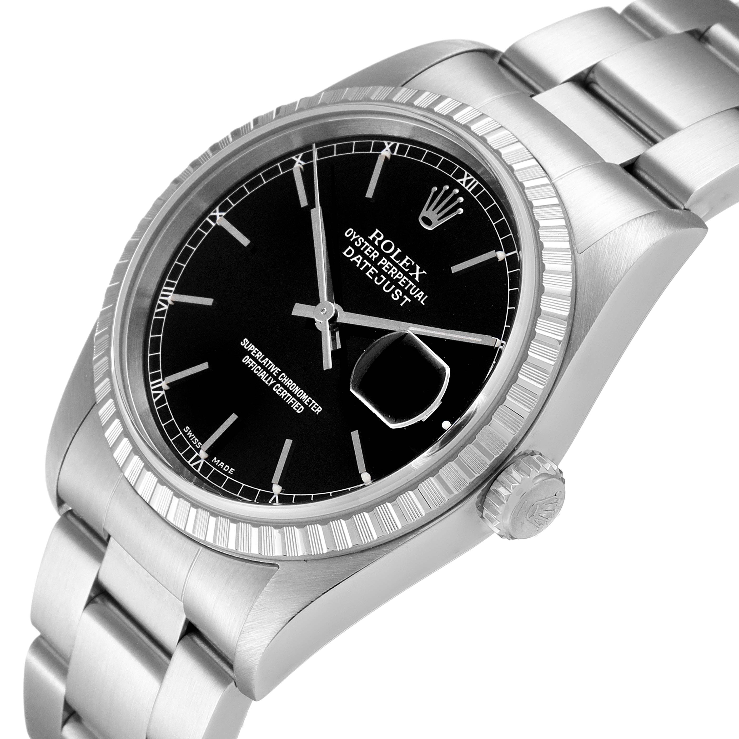 The Rolex Datejust 16220 Men's Stainless Steel Black Dial 16220 Men's Stainless Steel Black Dial watch is shown at a tilted angle, displaying its black dial, fluted bezel, crown, and stainless steel bracelet.