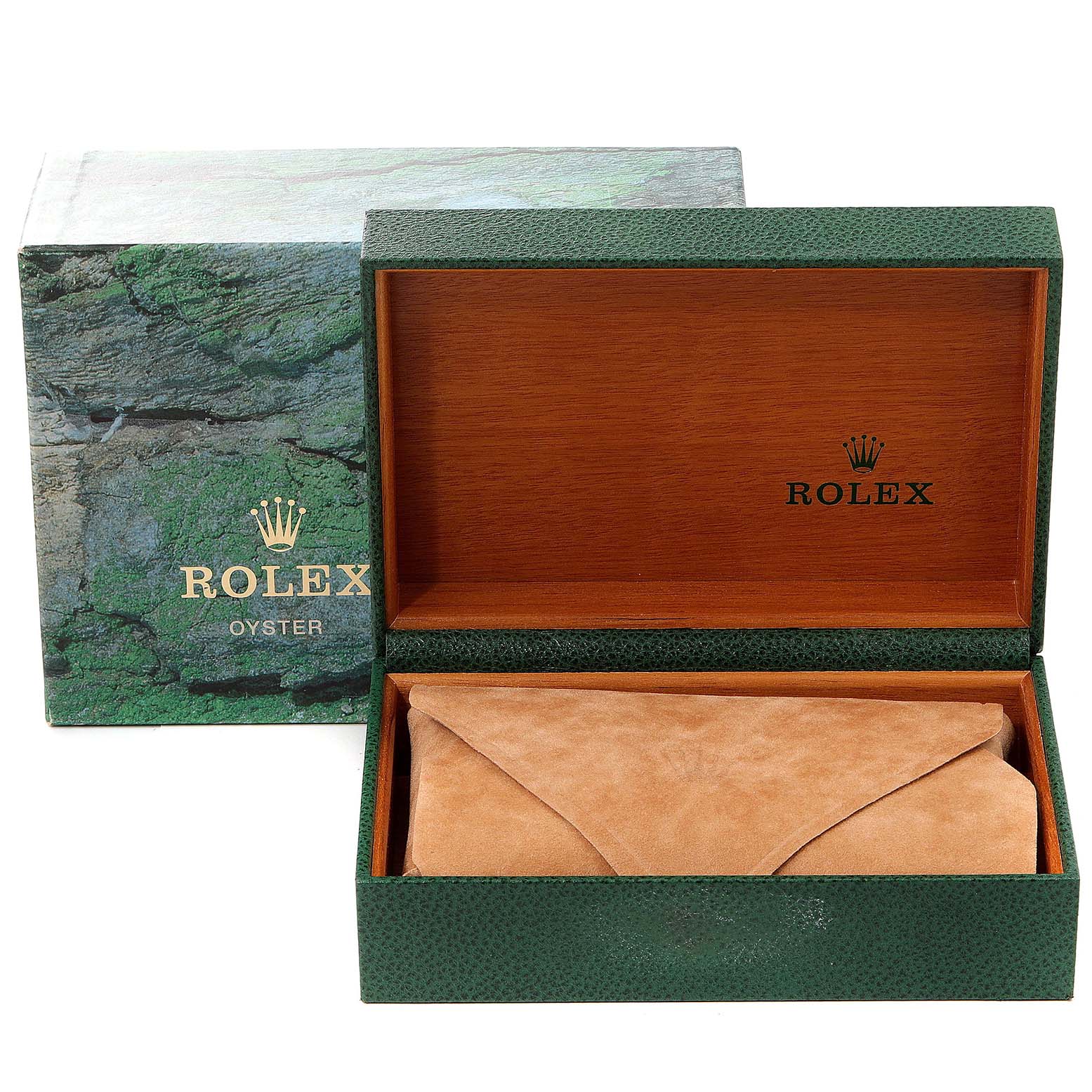 The image shows a Rolex Datejust 16220 Men's Stainless Steel Black Dial 16220 Men's Stainless Steel Black Dial watch box, including an outer box, wooden inner box, and a tan suede pouch.