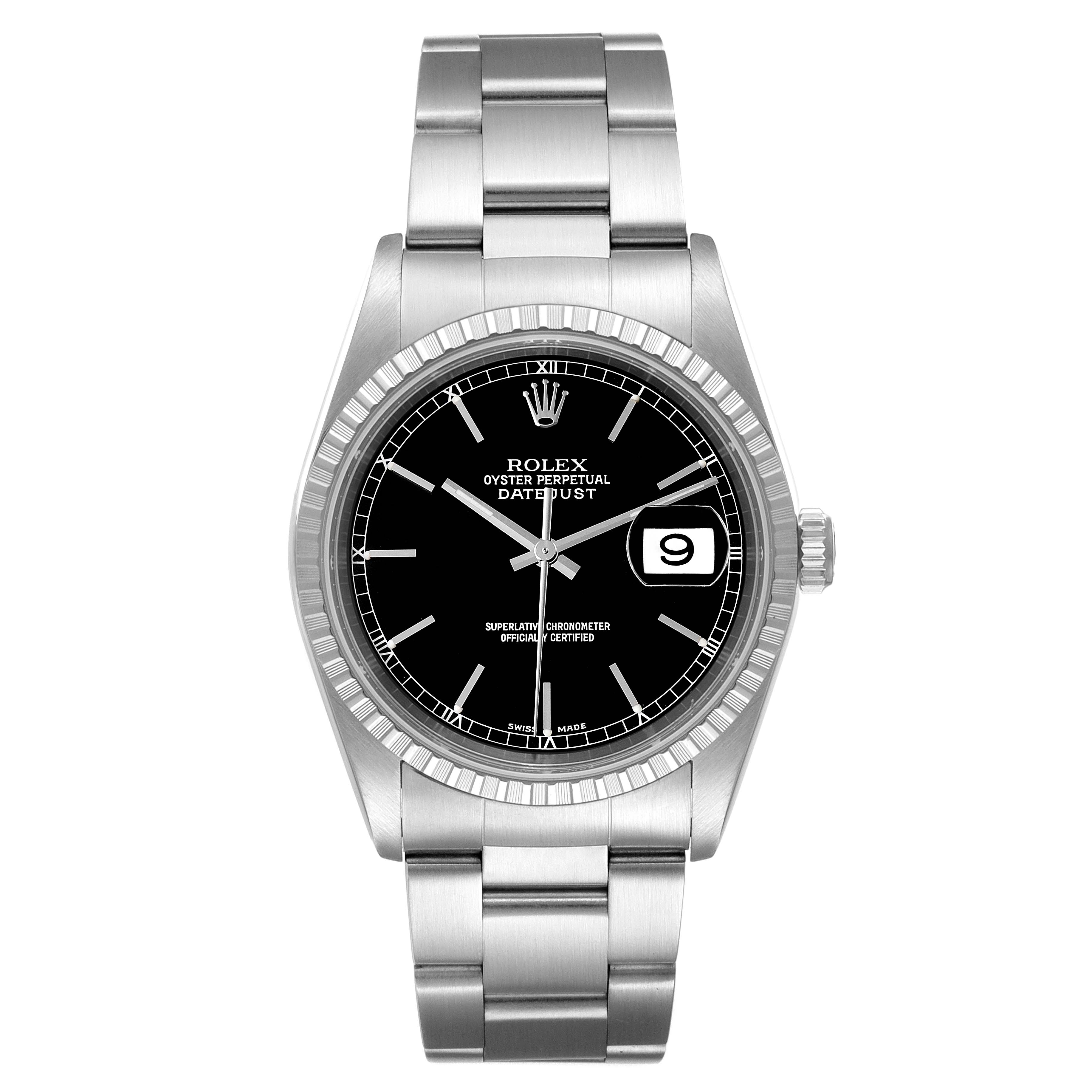 The image shows a front view of a Rolex Datejust 16220 Men's Stainless Steel Black Dial 16220 Men's Stainless Steel Black Dial watch, showcasing its black dial, date display, and stainless steel bracelet.