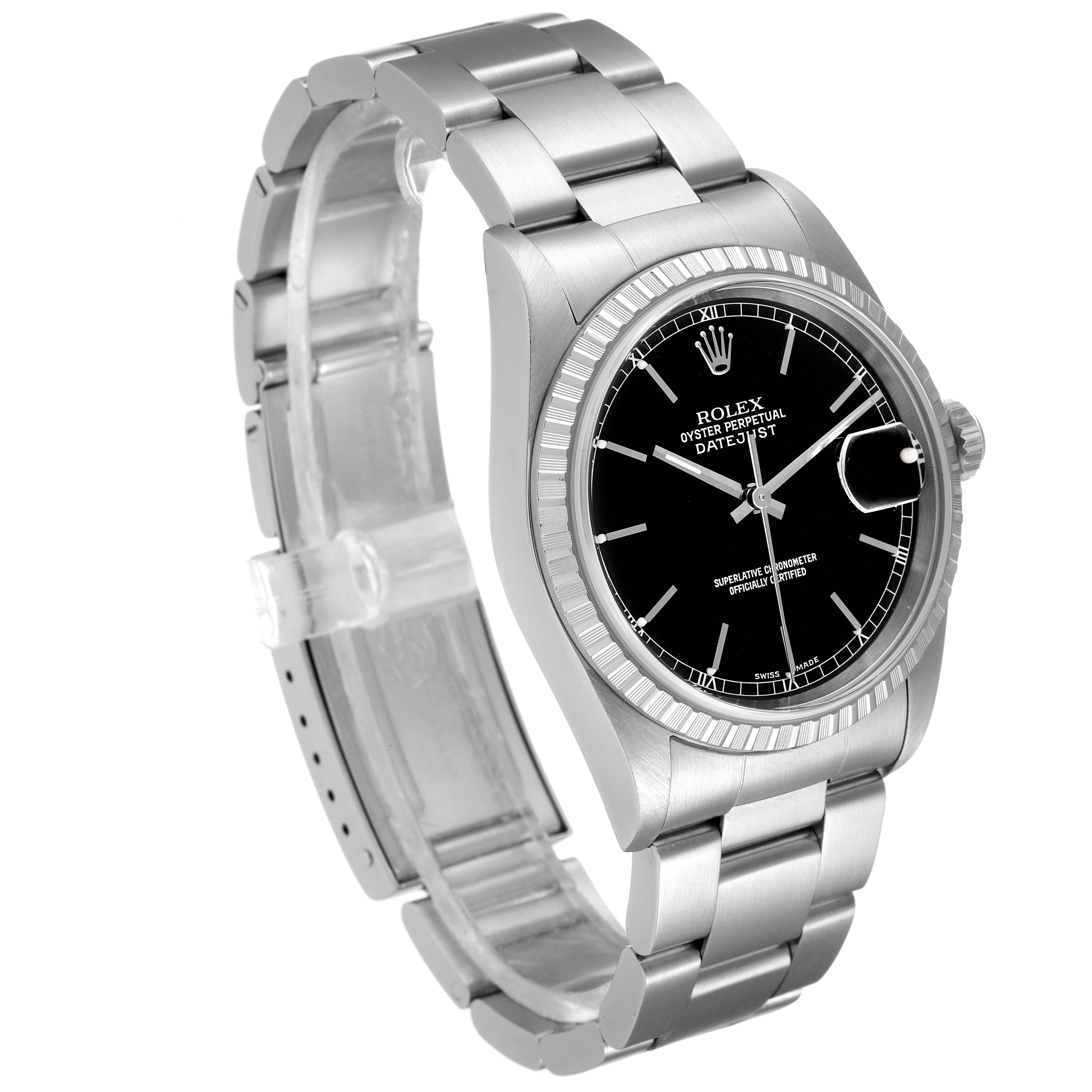 The Rolex Datejust 16220 Men's Stainless Steel Black Dial 16220 Men's Stainless Steel Black Dial watch is shown at a slight angle, highlighting its face, bezel, and bracelet.