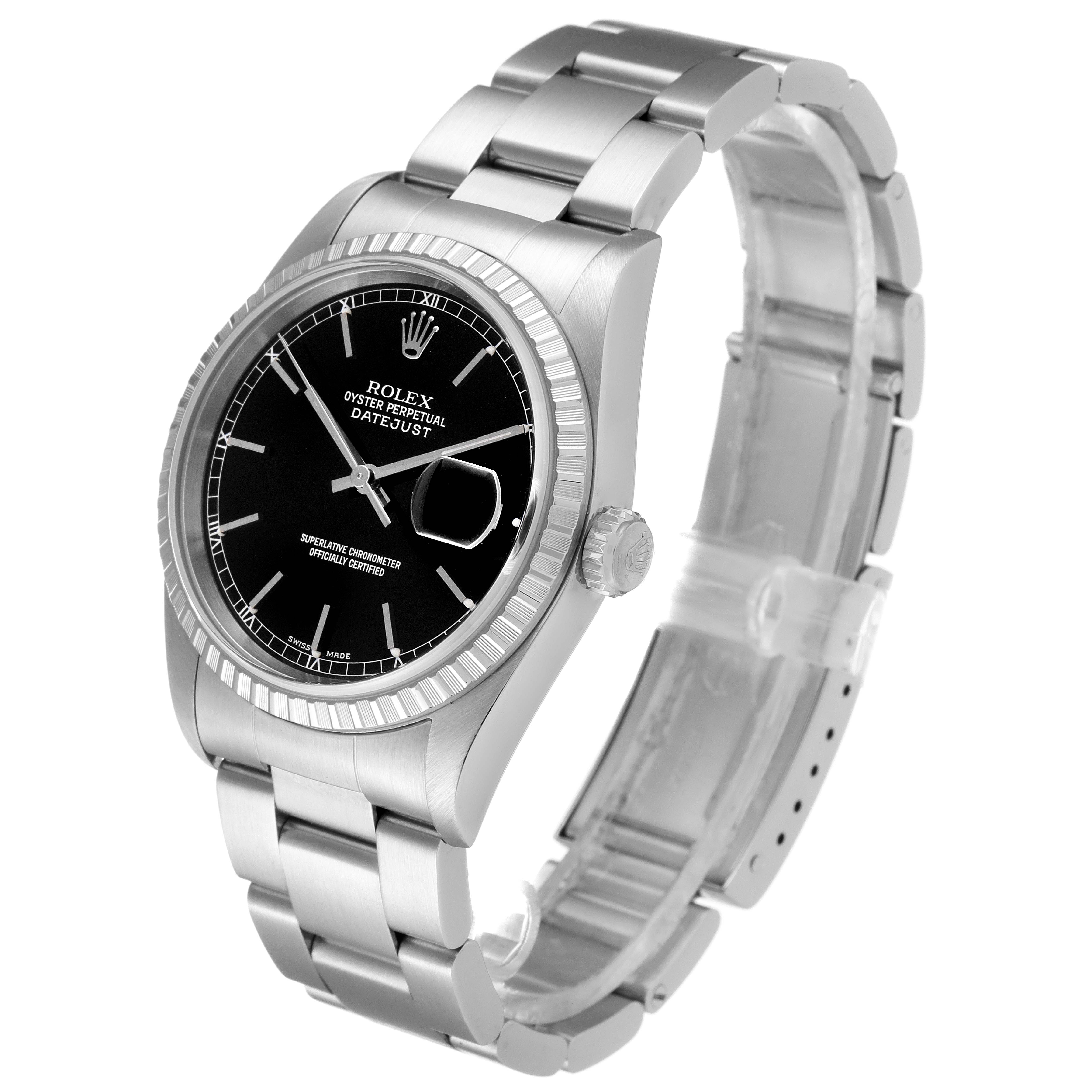 The image shows a Rolex Datejust 16220 Men's Stainless Steel Black Dial 16220 Men's Stainless Steel Black Dial watch at a front-left angle, featuring the watch's face, bezel, crown, and bracelet.