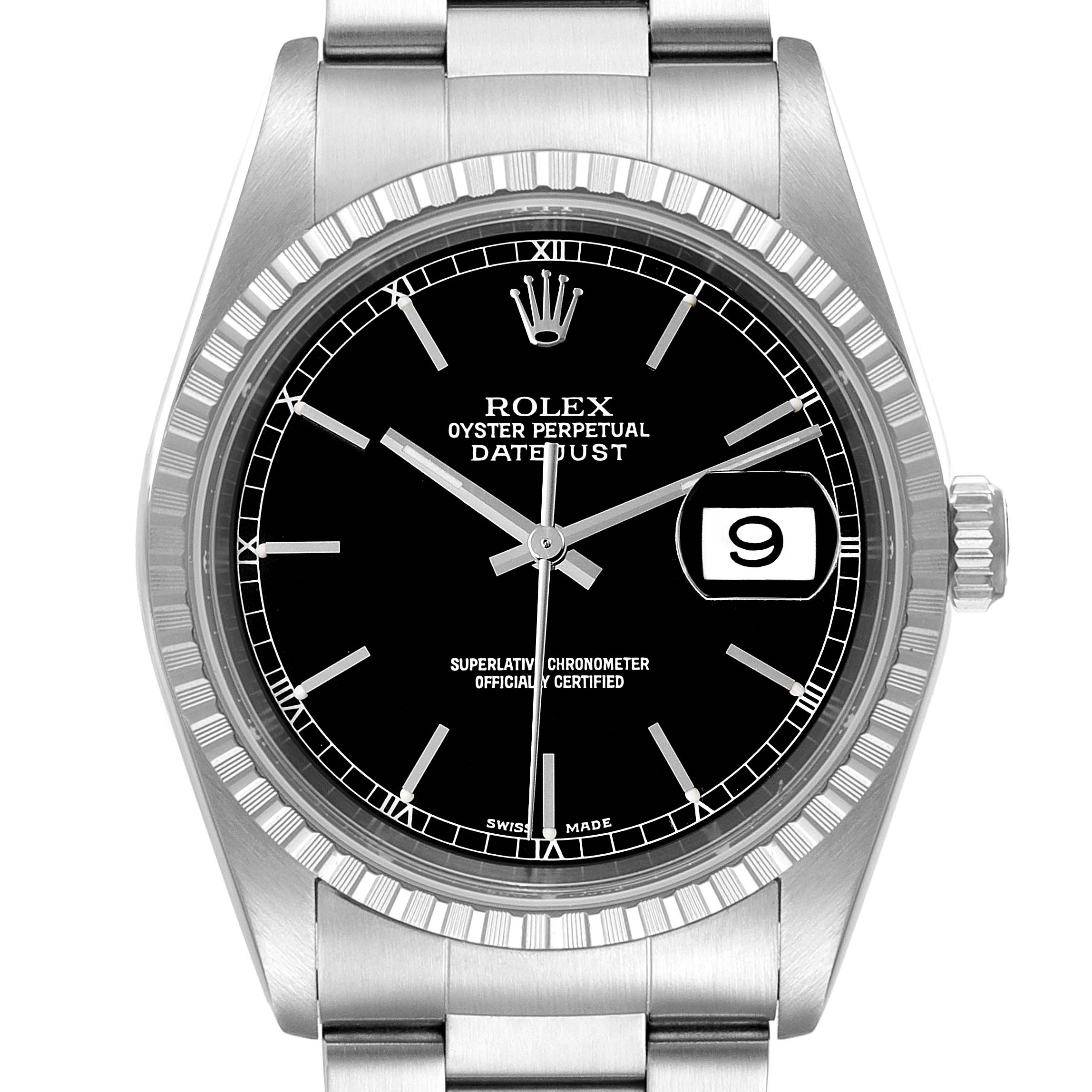 The image shows a frontal view of the Rolex Datejust 16220 Men's Stainless Steel Black Dial 16220 Men's Stainless Steel Black Dial model watch, highlighting the dial, bezel, and part of the bracelet.