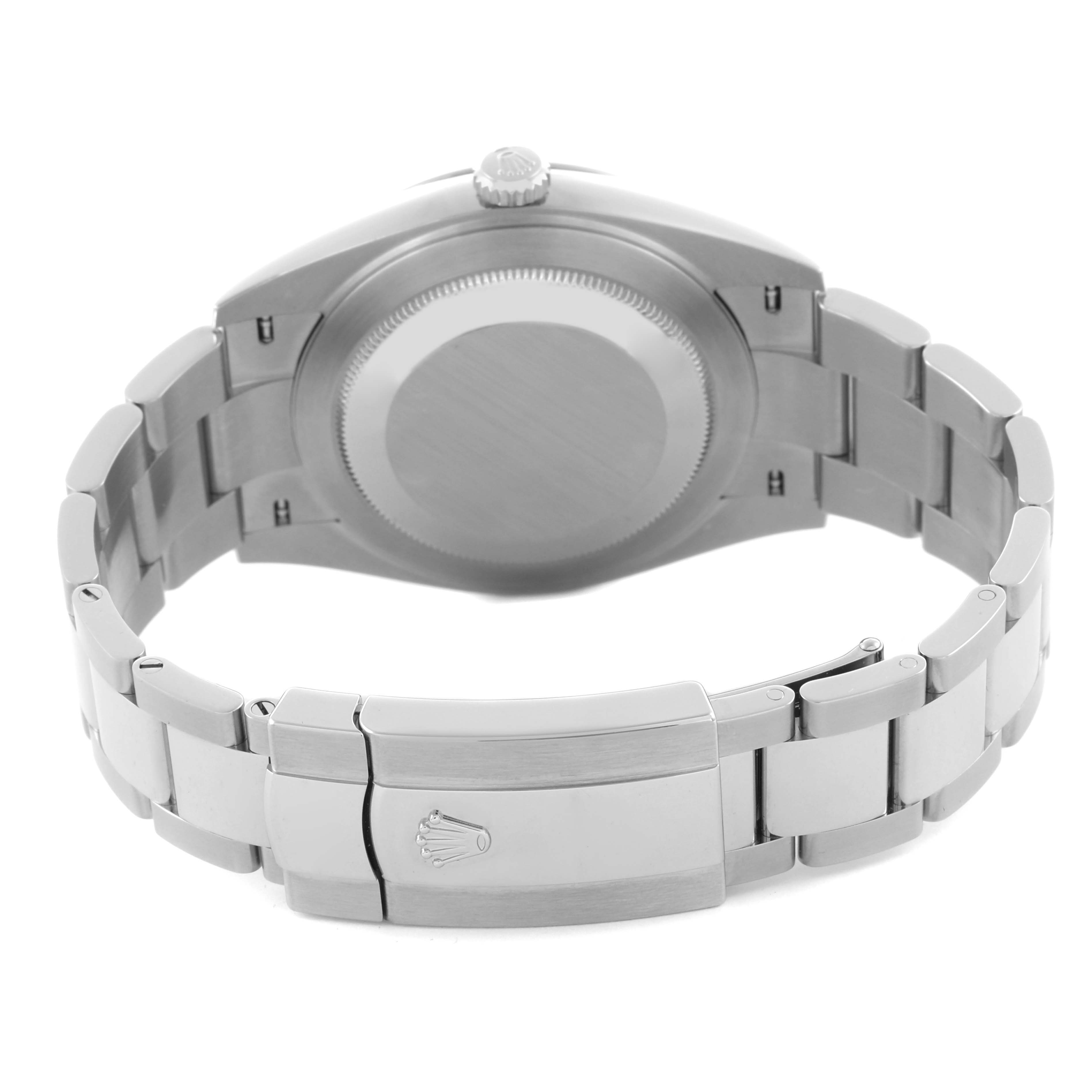 The Rolex Datejust 41 126300 Men's Stainless Steel Blue Dial 126300 Men's Stainless Steel Blue Dial is shown from the back, highlighting the case back, bracelet, and clasp.