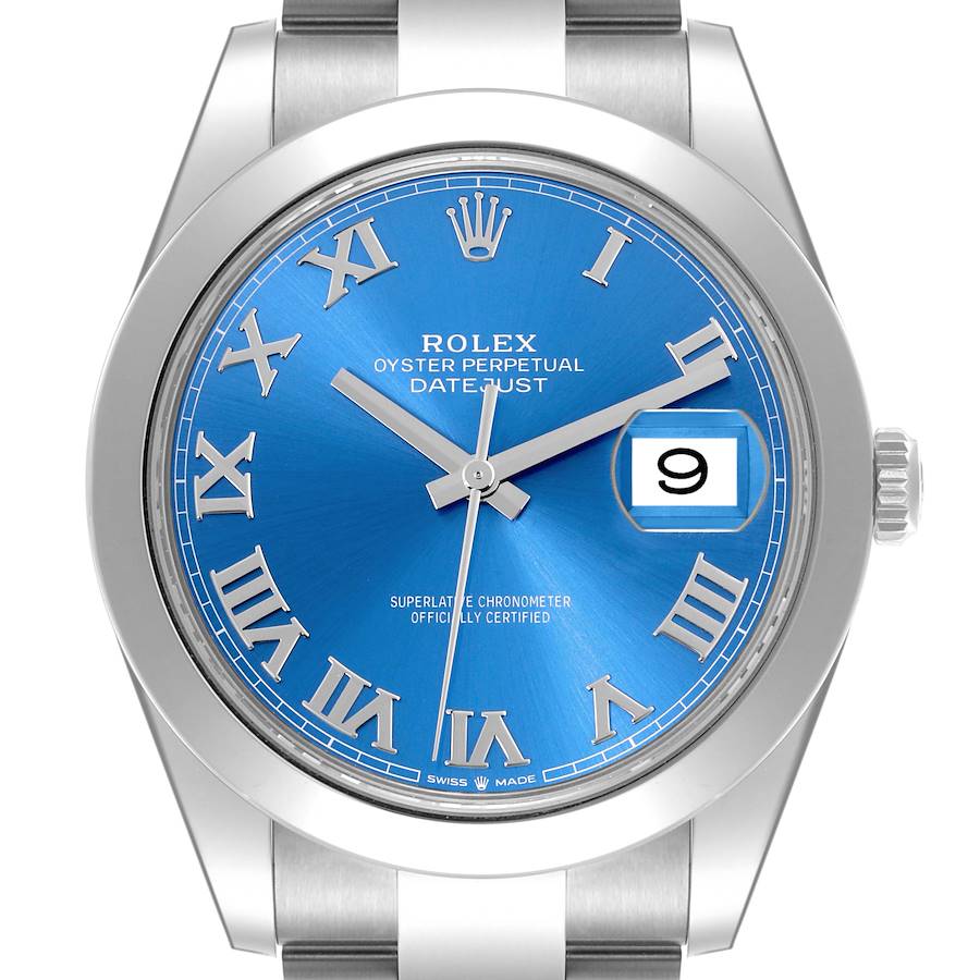 The image shows a front view of the Rolex Datejust 41, highlighting the blue dial, Roman numerals, and date window.